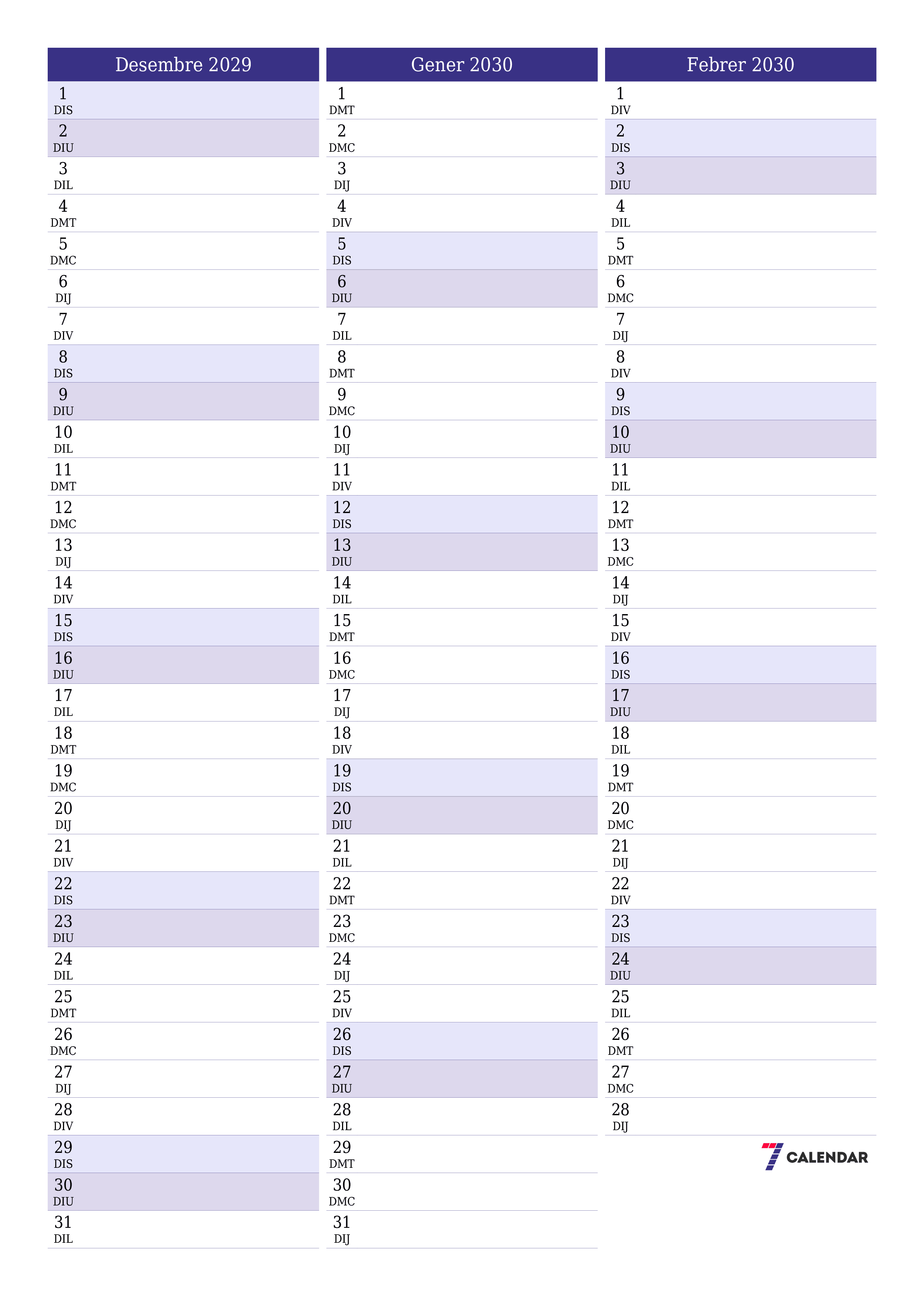 imprimible de paret plantilla de gratuïtvertical Mensual planificador calendari Desembre (Des) 2029