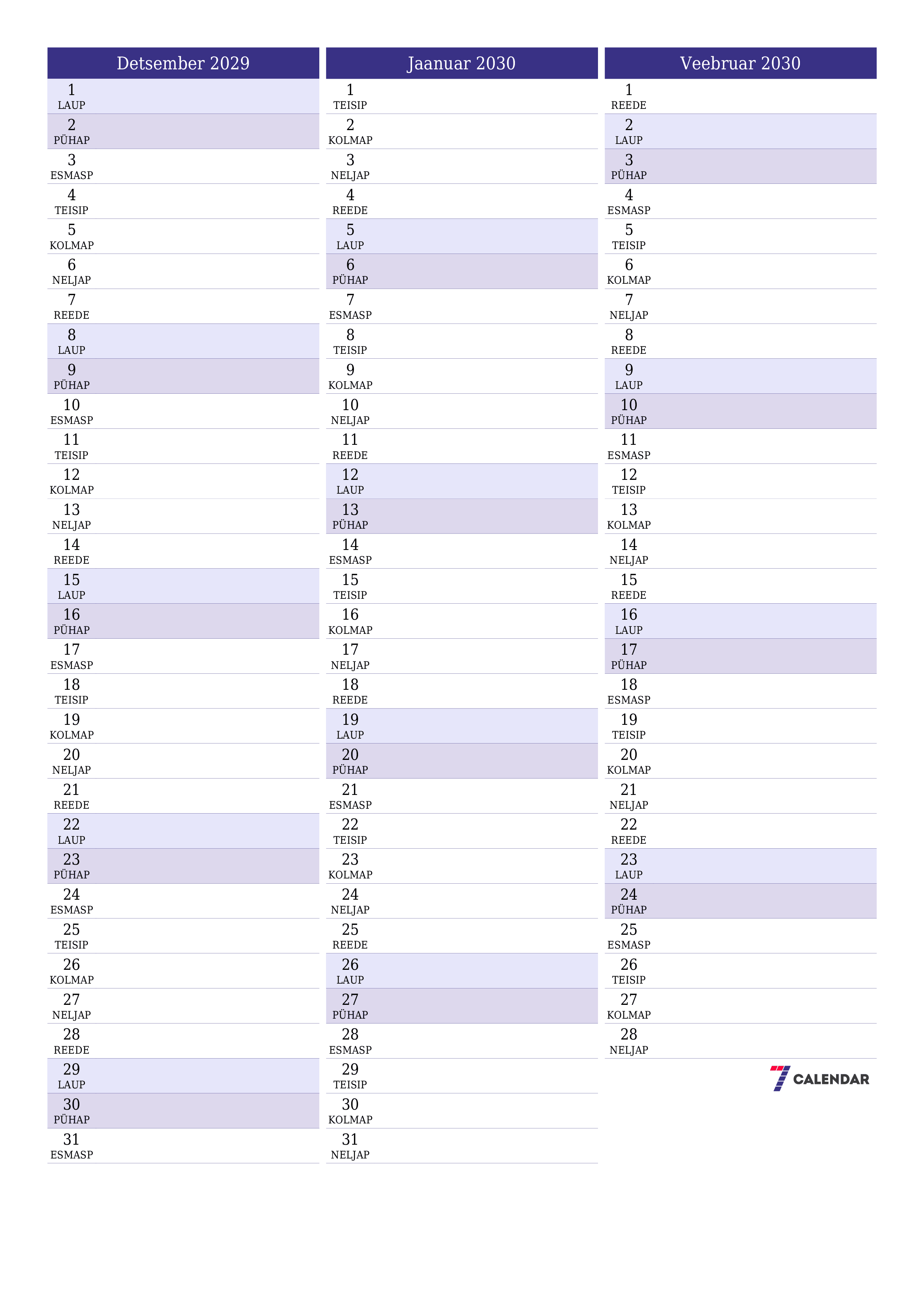 prinditav seina kalendri mall tasuta vertikaalne Igakuine planeerija kalender Detsember (Dets) 2029