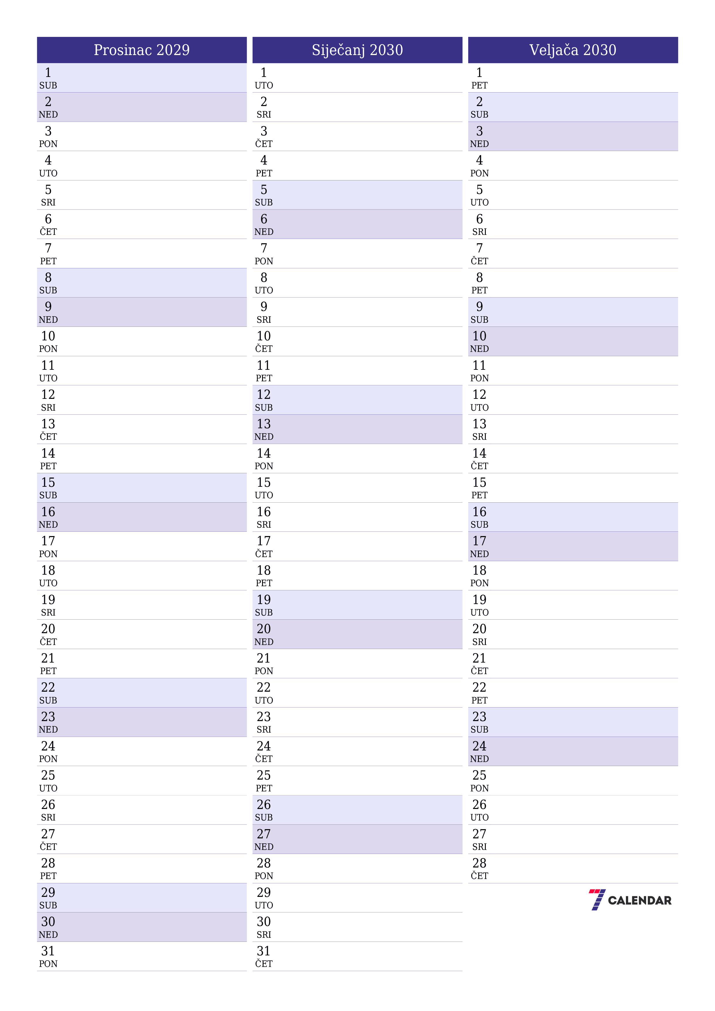  za ispis zidni predložak a besplatni okomito Mjesečni planer kalendar Prosinac (Pro) 2029