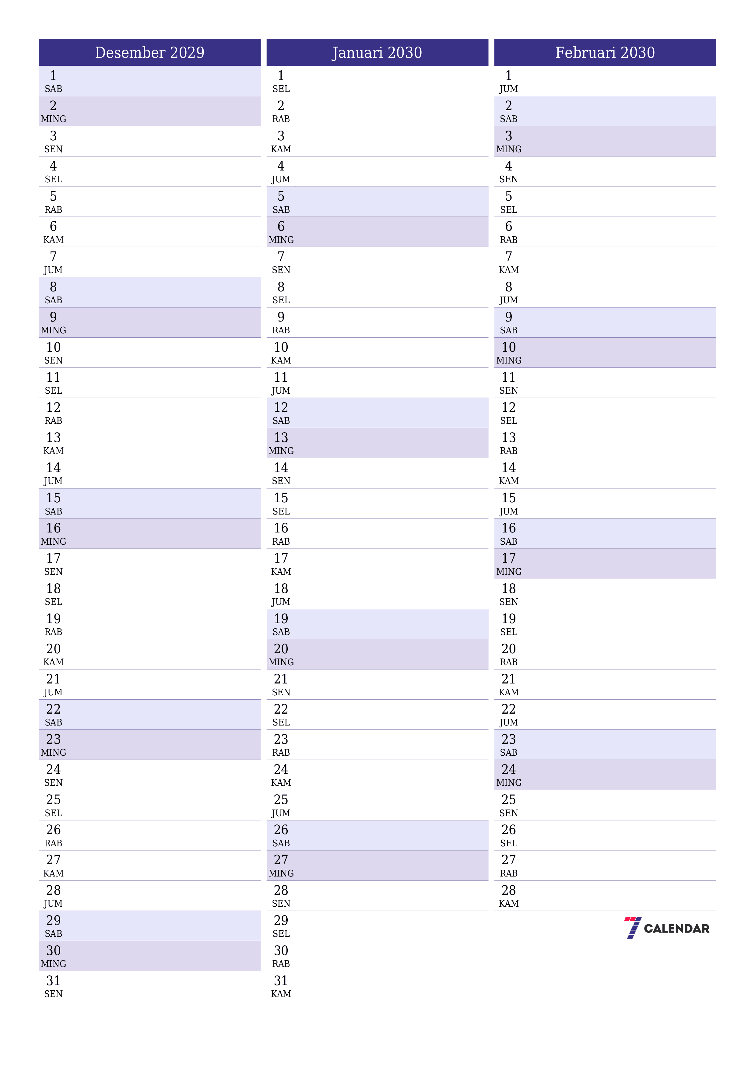  yang dapat dicetak dinding templat gratisvertikal Bulanan perencana kalender Desember (Des) 2029