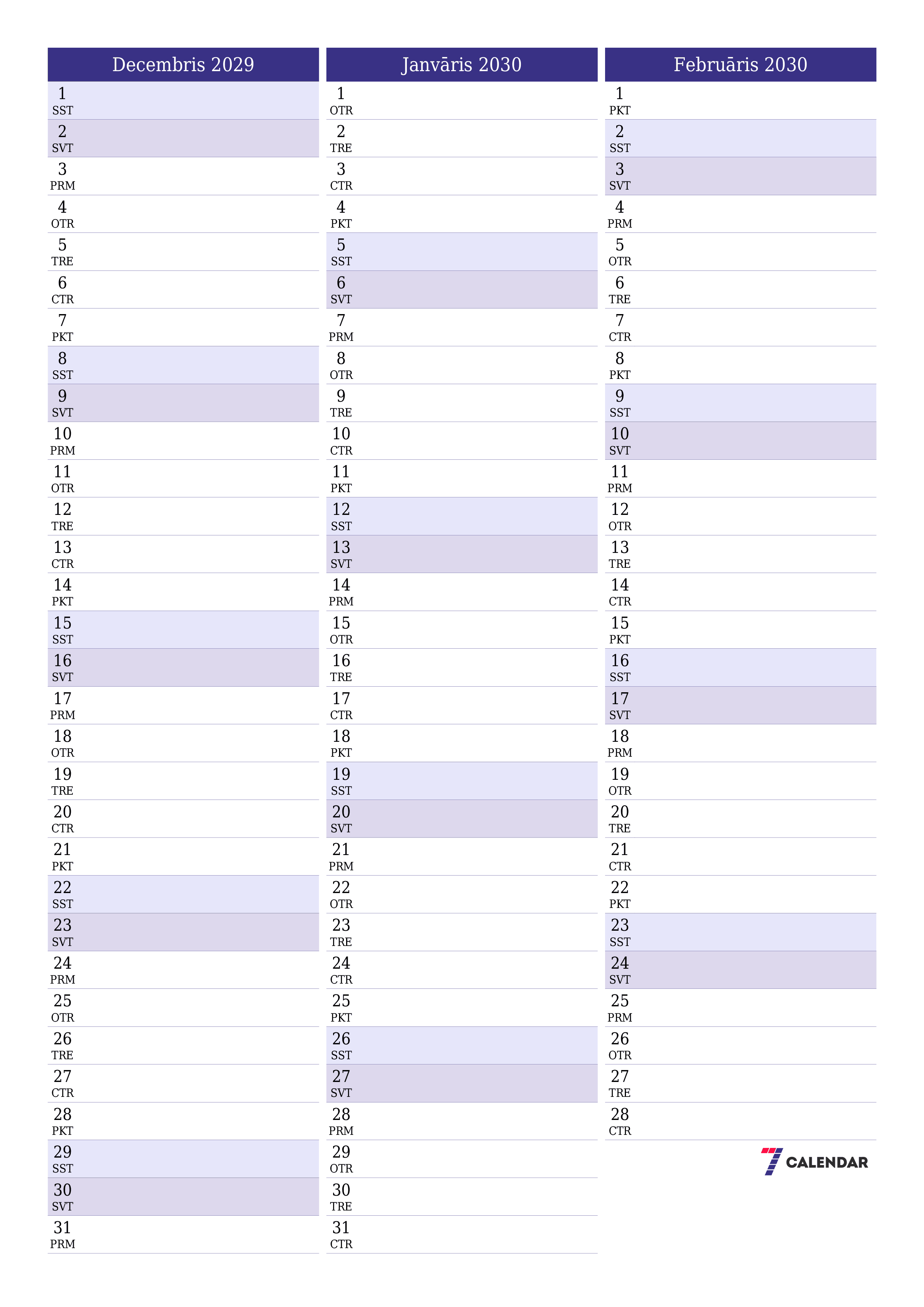 izdrukājams sienas kalendāra veidne bezmaksas vertikāli Mēneša plānotājs kalendārs Decembris (Dec) 2029