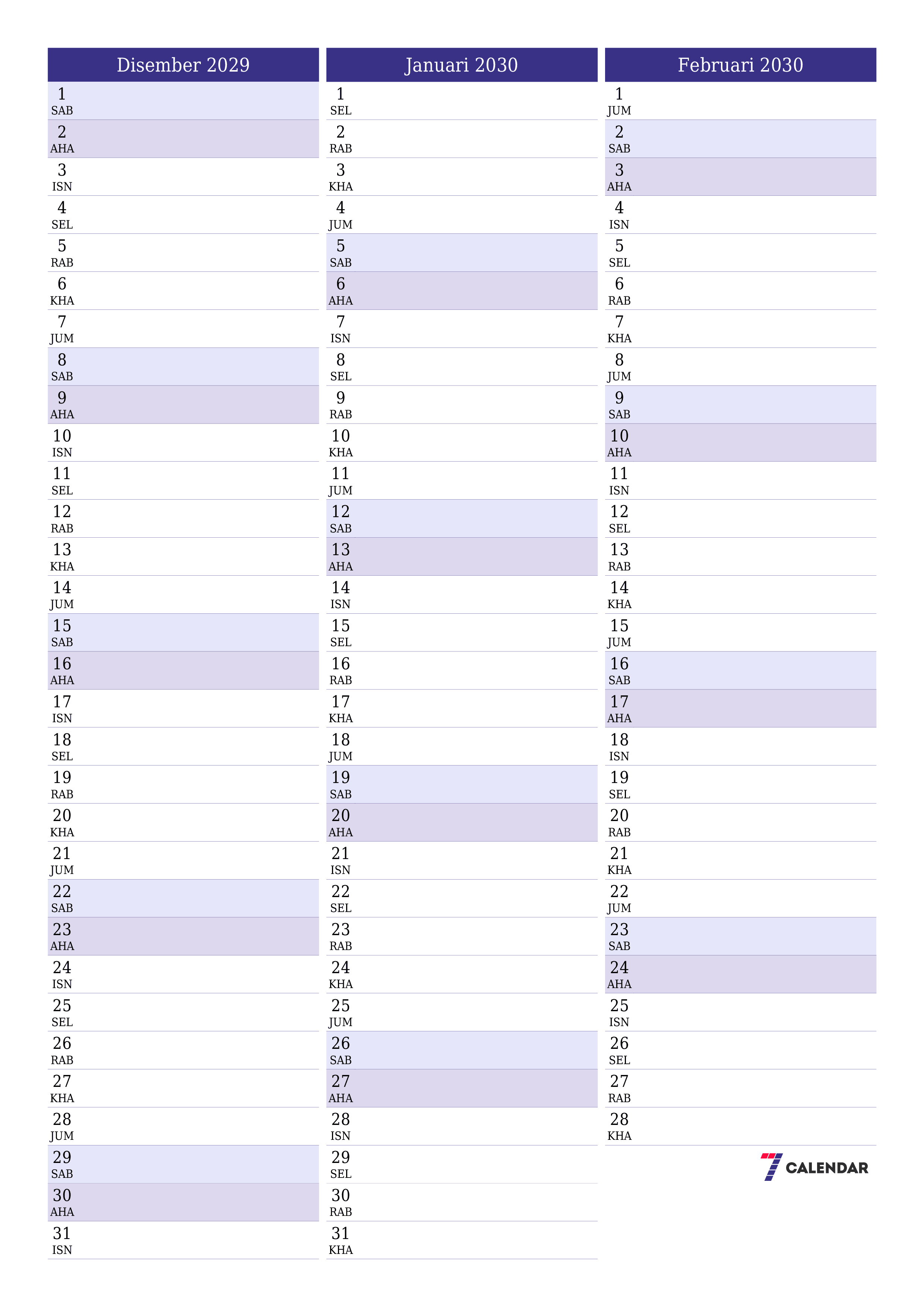  boleh cetak dinding templat percumamenegak Bulanan perancang kalendar Disember (Dis) 2029