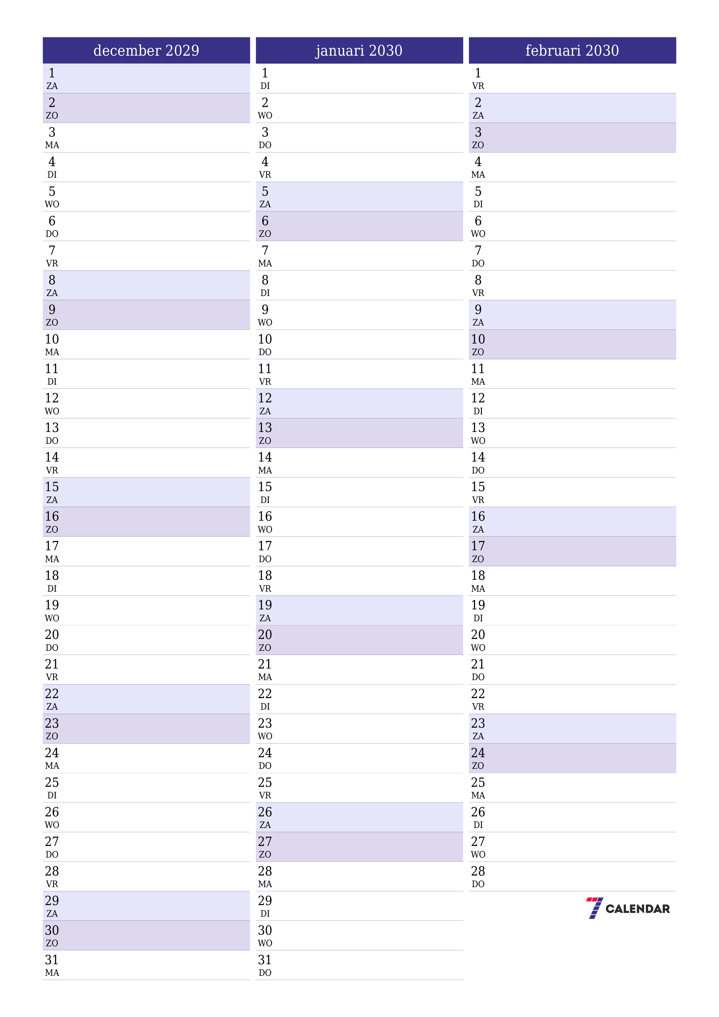 afdrukbare muur sjabloon gratis verticaal Maandelijks planner kalender december (dec) 2029