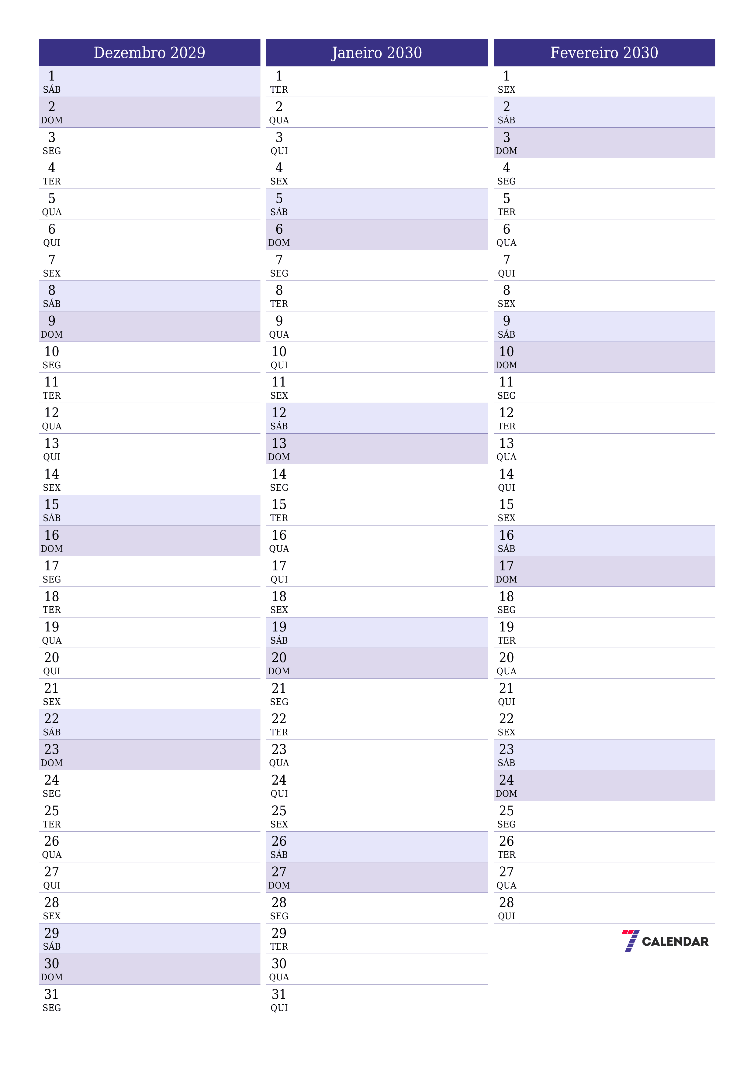  para impressão de parede modelo de grátisvertical Mensal planejador calendário Dezembro (Dez) 2029