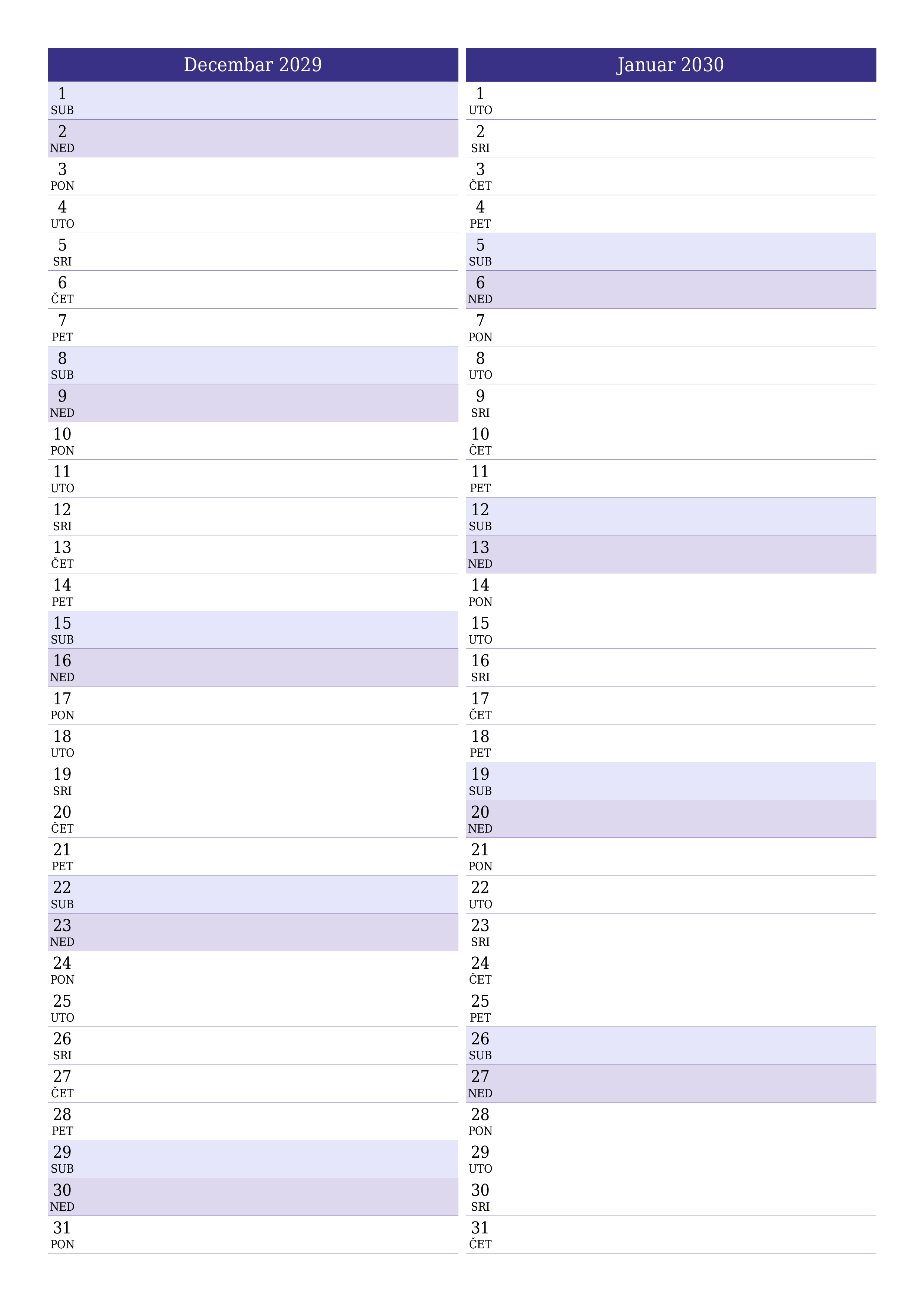 Ispraznite mjesečni planer za mjesec Decembar 2029 s bilješkama, spremite i ispišite u PDF PNG Bosnian