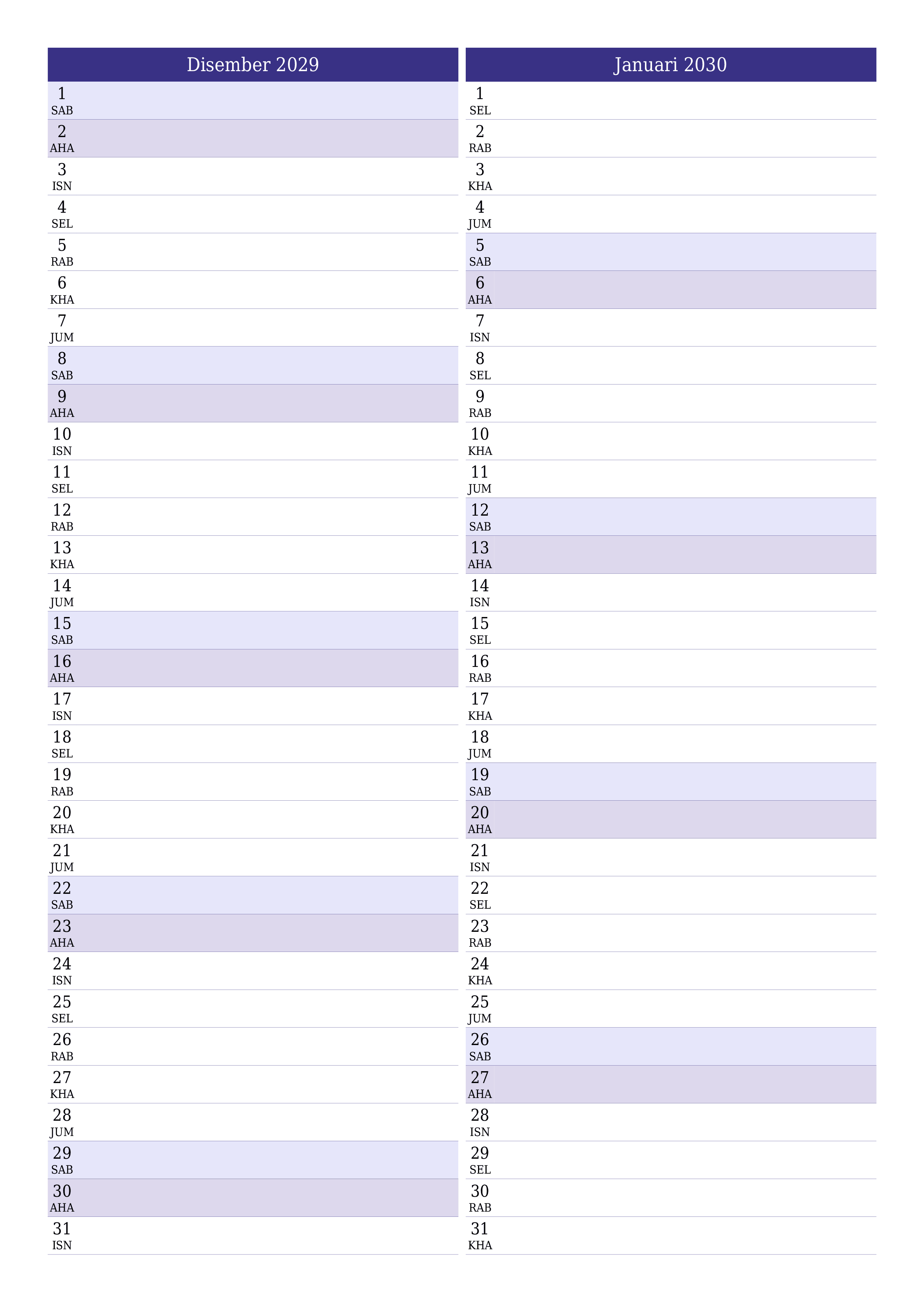  boleh cetak dinding templat percumamenegak Bulanan perancang kalendar Disember (Dis) 2029