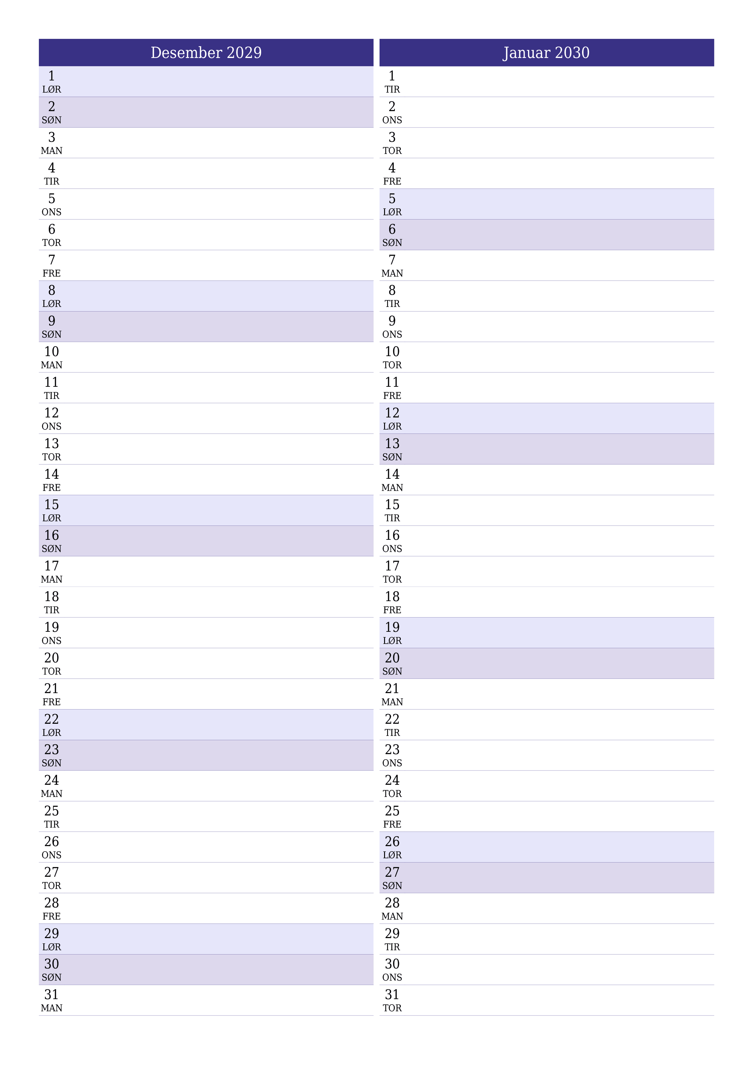 utskrivbar vegg mal gratis vertikal Månedlig planlegger kalender Desember (Des) 2029