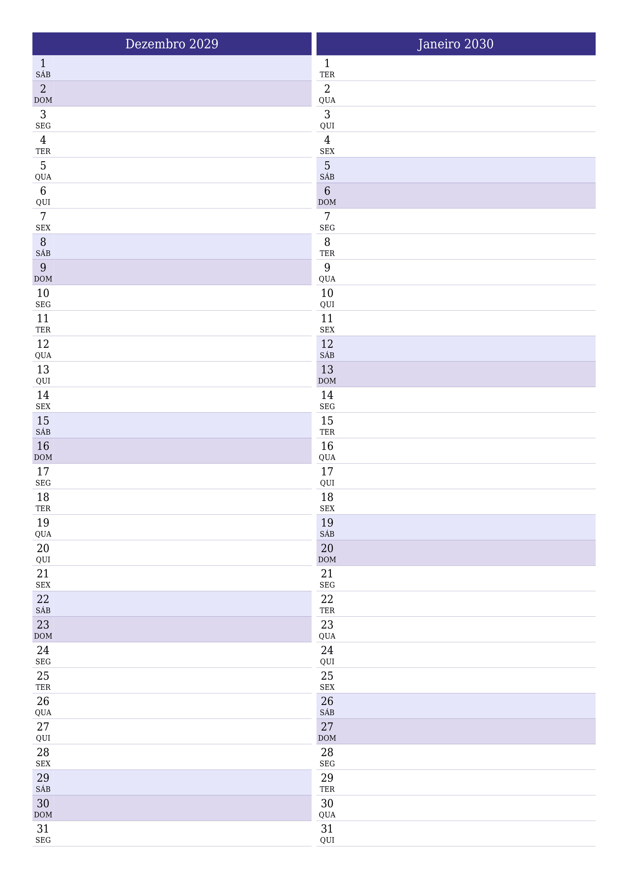 para impressão de parede modelo de grátisvertical Mensal planejador calendário Dezembro (Dez) 2029