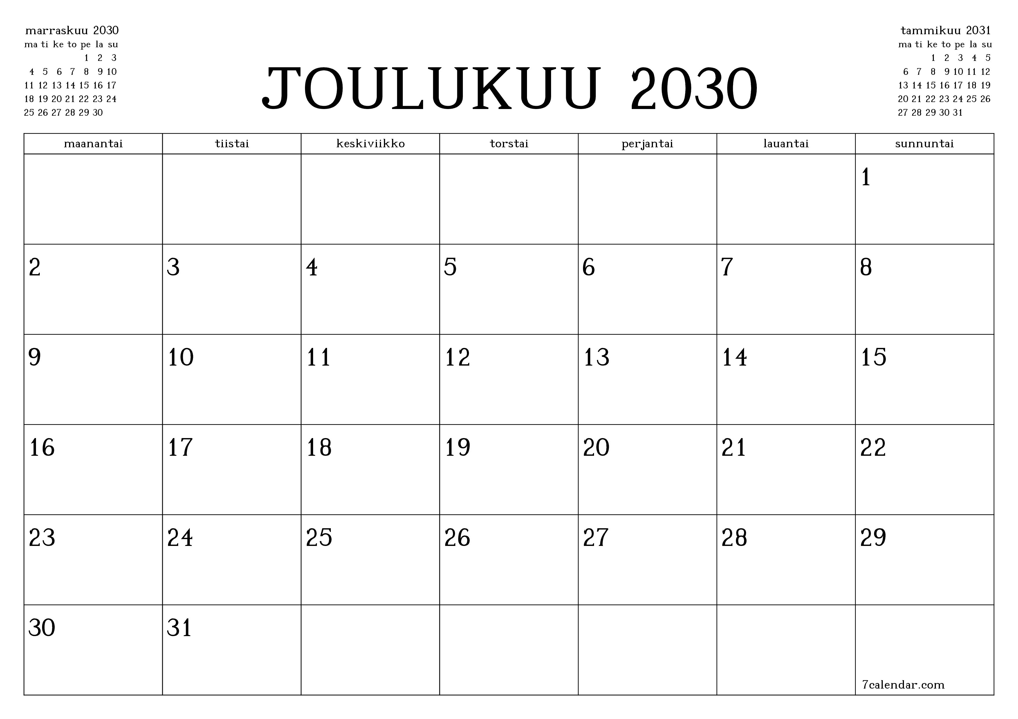 Tyhjennä kuukausittainen suunnittelija kuukaudelle Joulukuu 2030 muistiinpanoilla, tallenna ja tulosta PDF-muotoon PNG Finnish