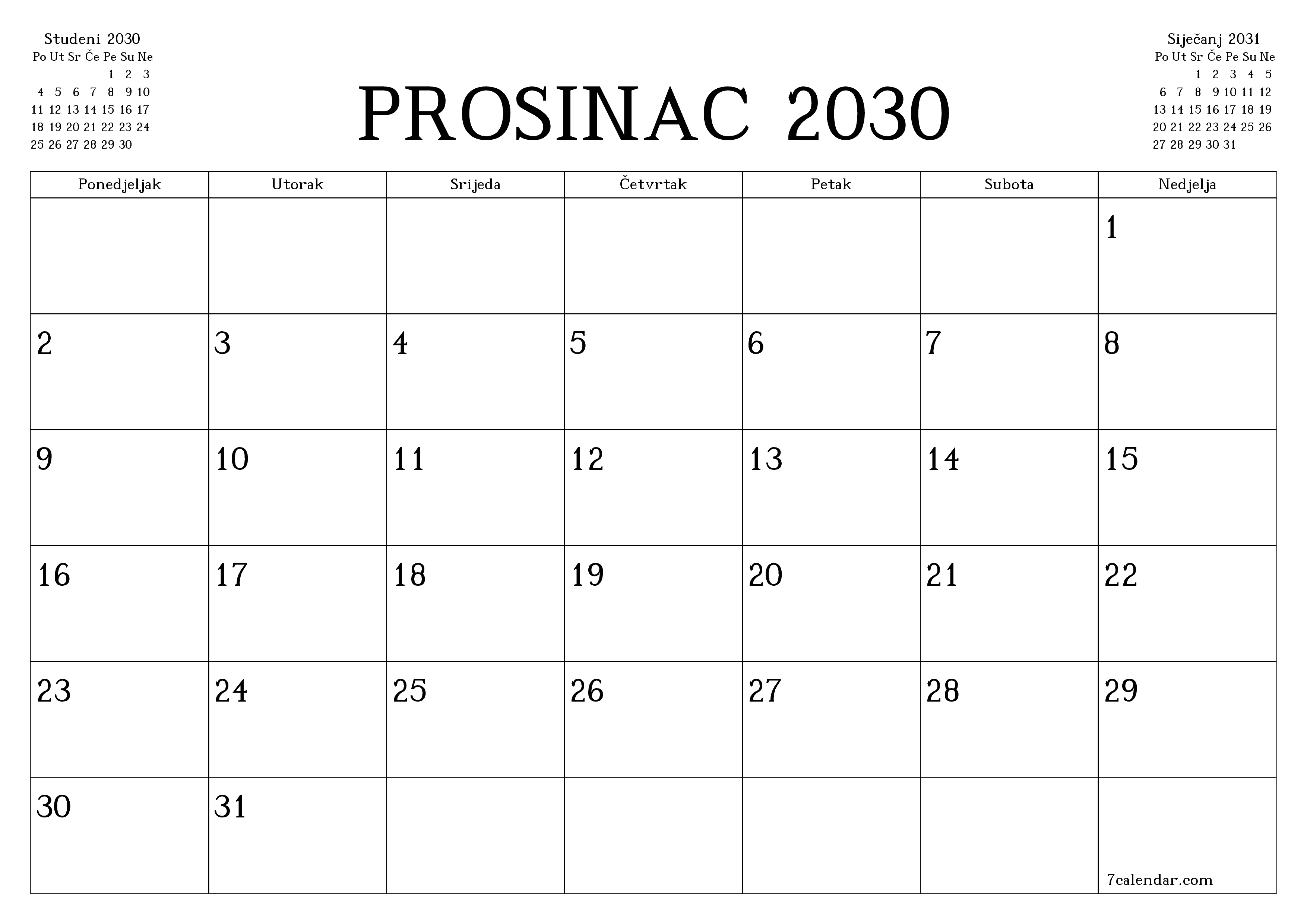 Ispraznite mjesečni planer za mjesec Prosinac 2030 s bilješkama, spremite i ispišite u PDF PNG Croatian