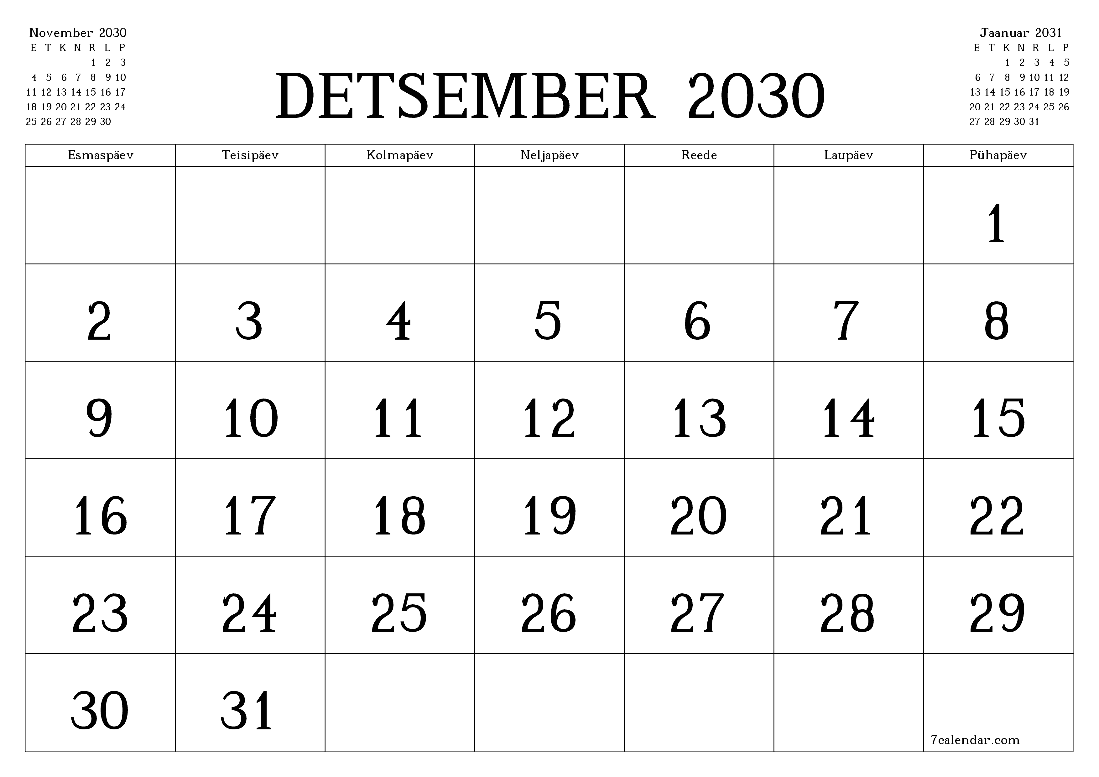 Tühjendage kuu Detsember 2030 kuuplaneerija märkmetega, salvestage ja printige PDF-i PNG Estonian