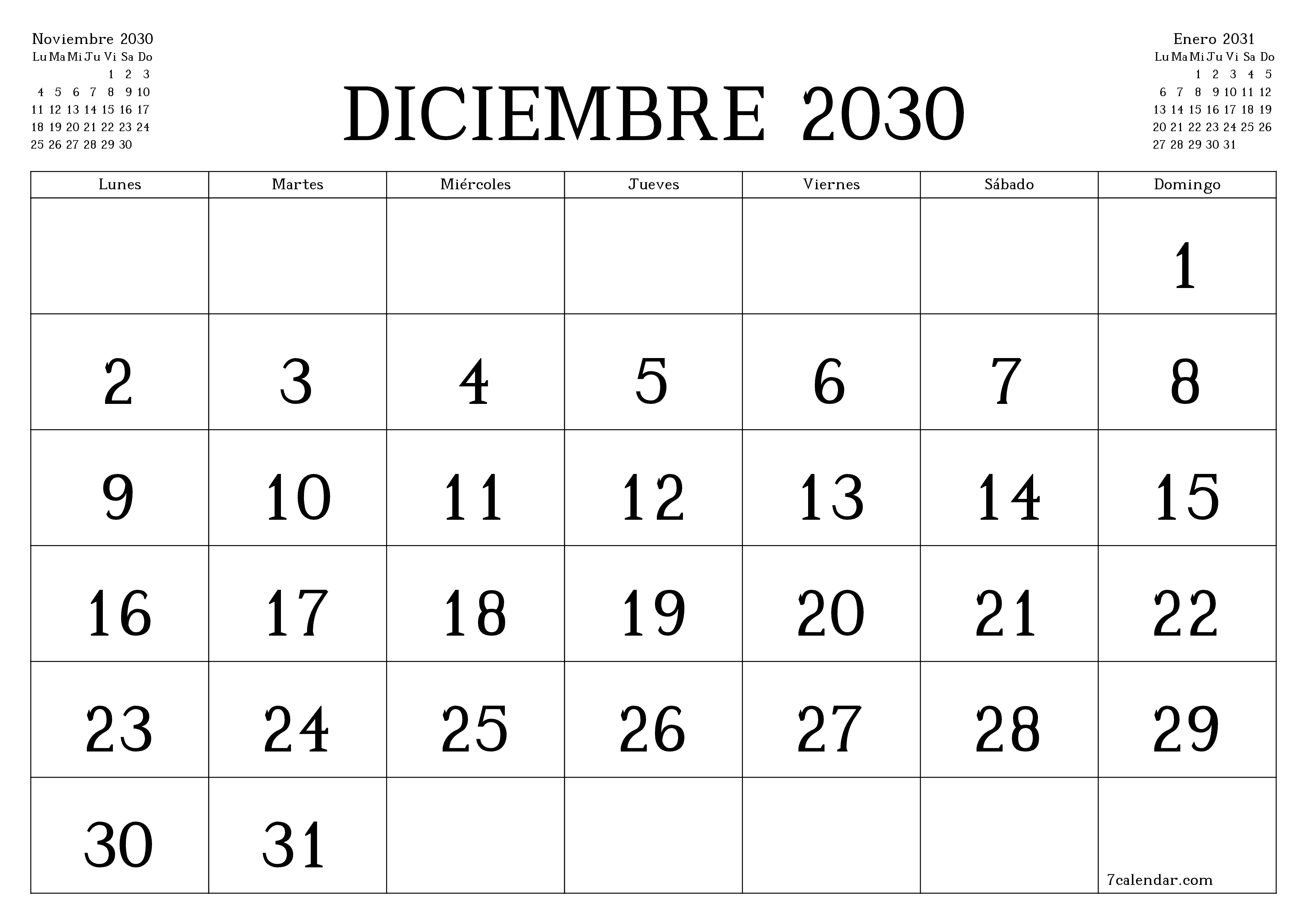 Planificador mensual vacío para el mes Diciembre 2030 con notas, guardar e imprimir en PDF PNG Spanish