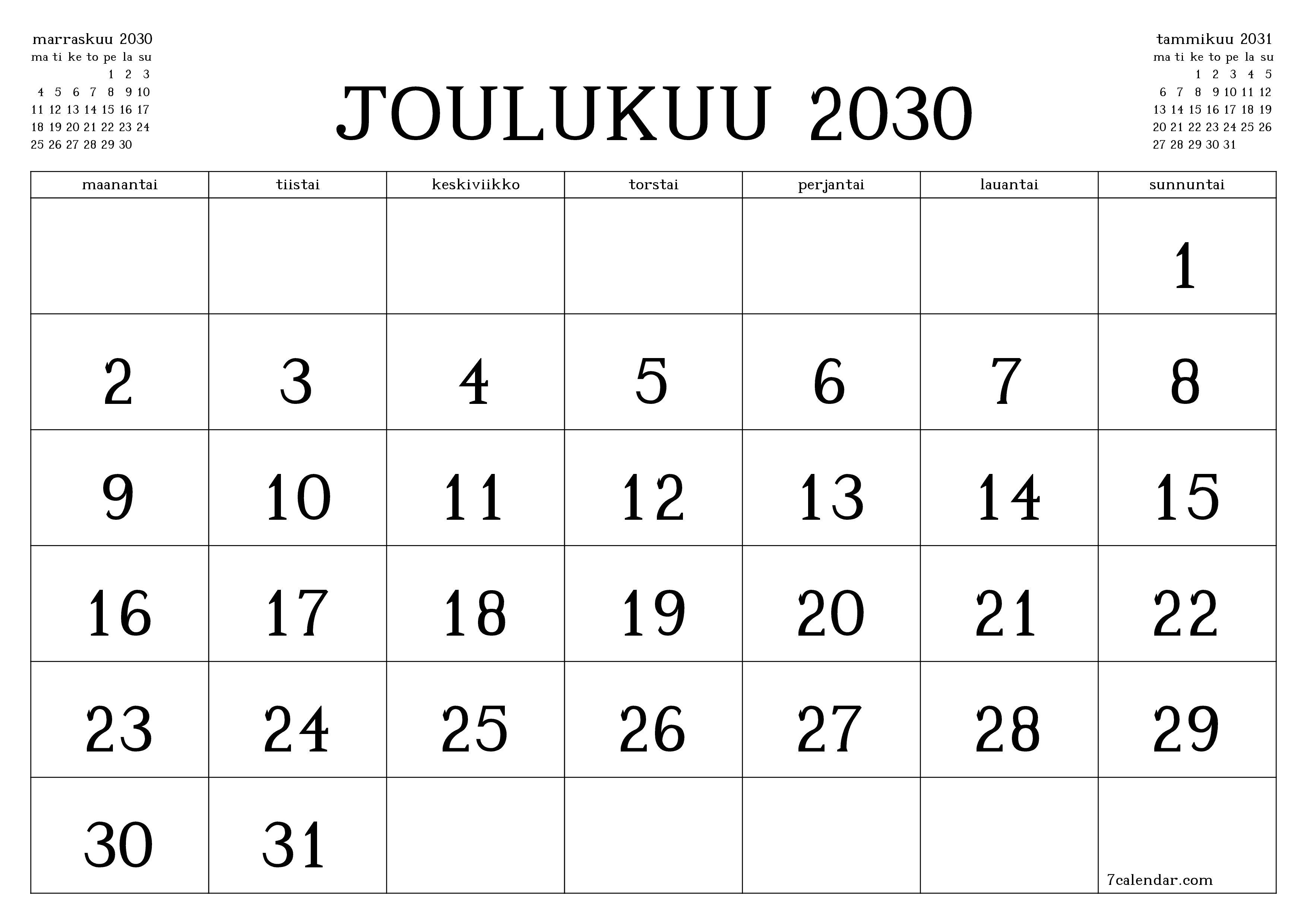 Tyhjennä kuukausittainen suunnittelija kuukaudelle Joulukuu 2030 muistiinpanoilla, tallenna ja tulosta PDF-muotoon PNG Finnish