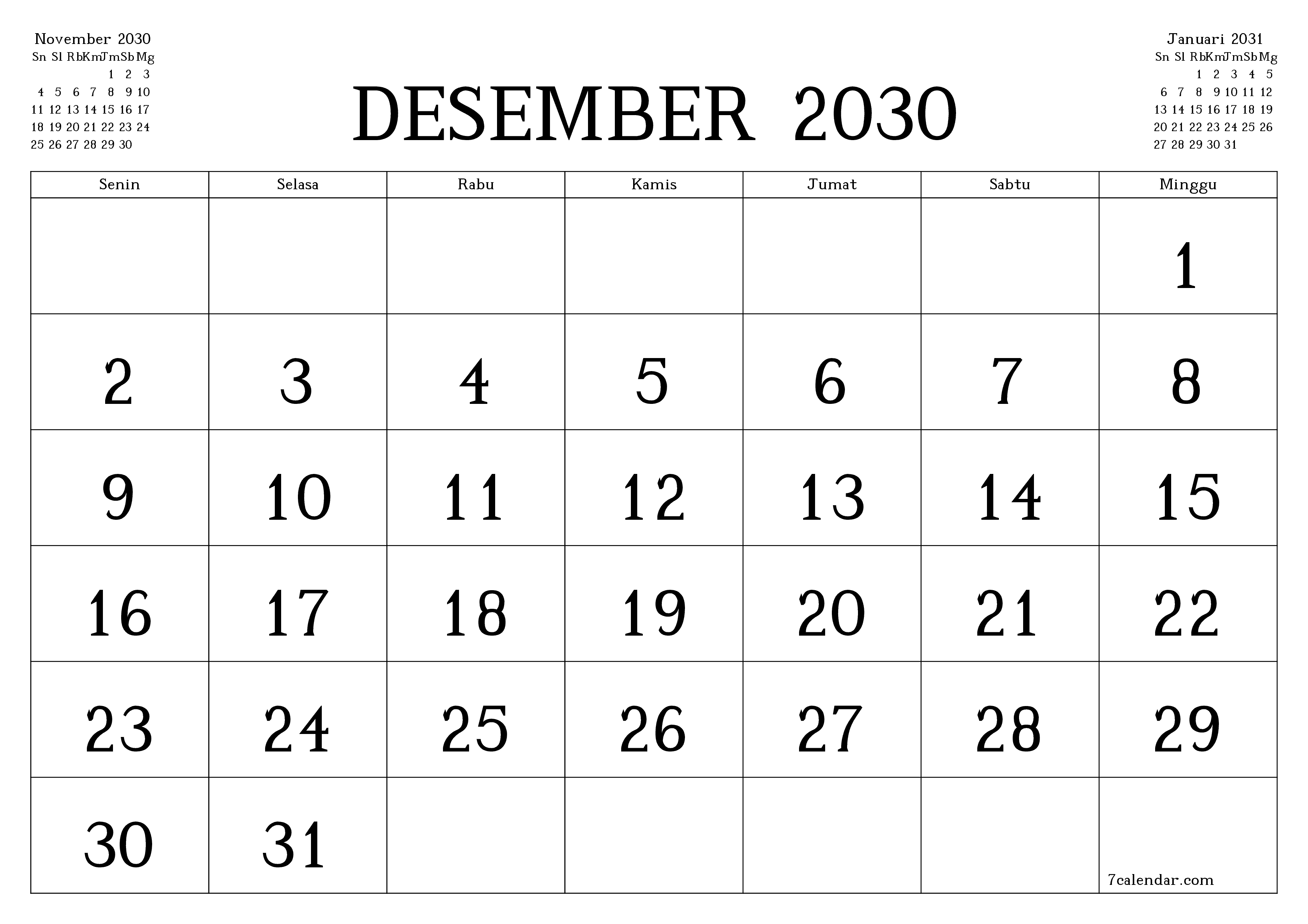 Kosongkan agenda bulanan untuk bulan Desember 2030 dengan catatan, simpan dan cetak ke PDF PNG Indonesian