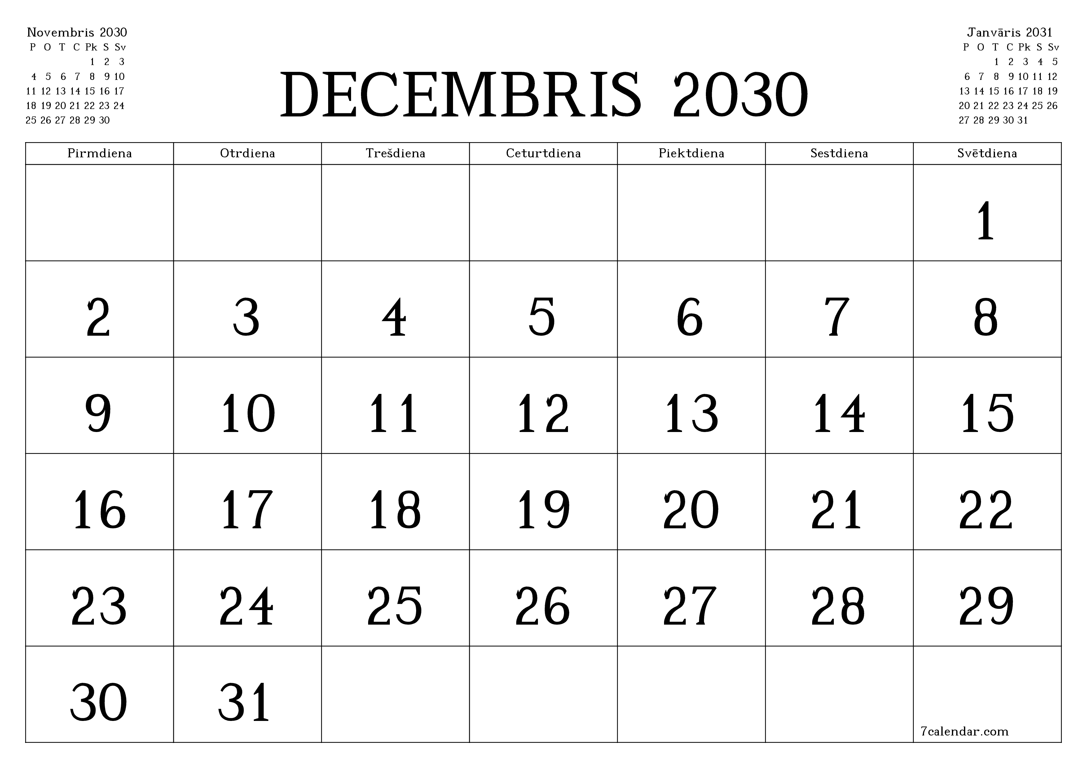 Iztukšot mēneša plānotāju mēnesim Decembris 2030 ar piezīmēm, saglabāt un izdrukāt PDF formātā PNG Latvian