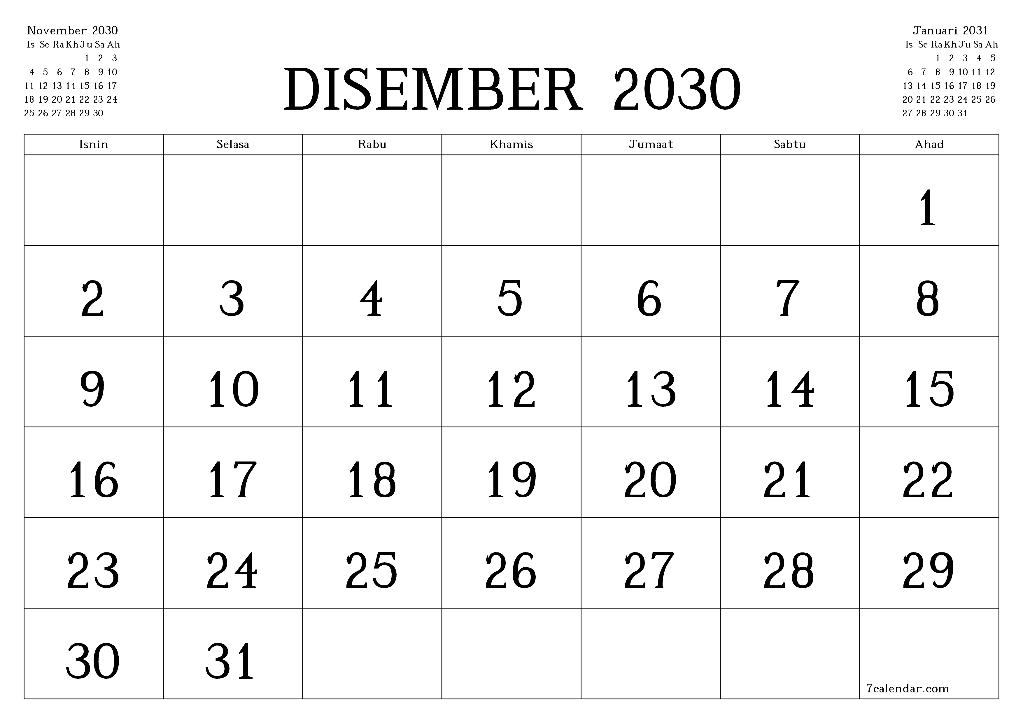 Perancang bulanan kosong untuk bulan Disember 2030 dengan nota, simpan dan cetak ke PDF PNG Malay