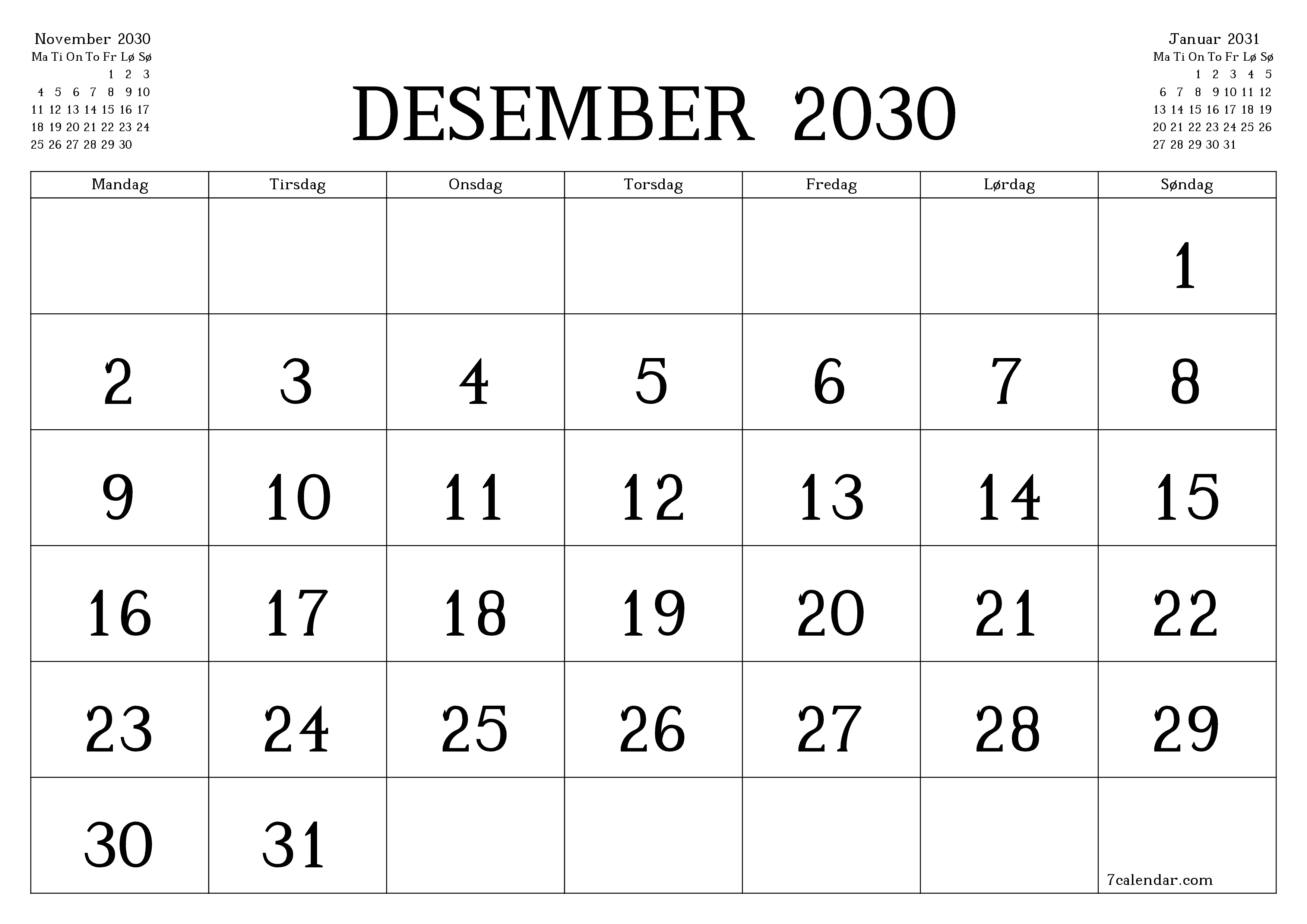 Tom månedlig planlegger for måned Desember 2030 med notater, lagre og skriv ut til PDF PNG Norwegian