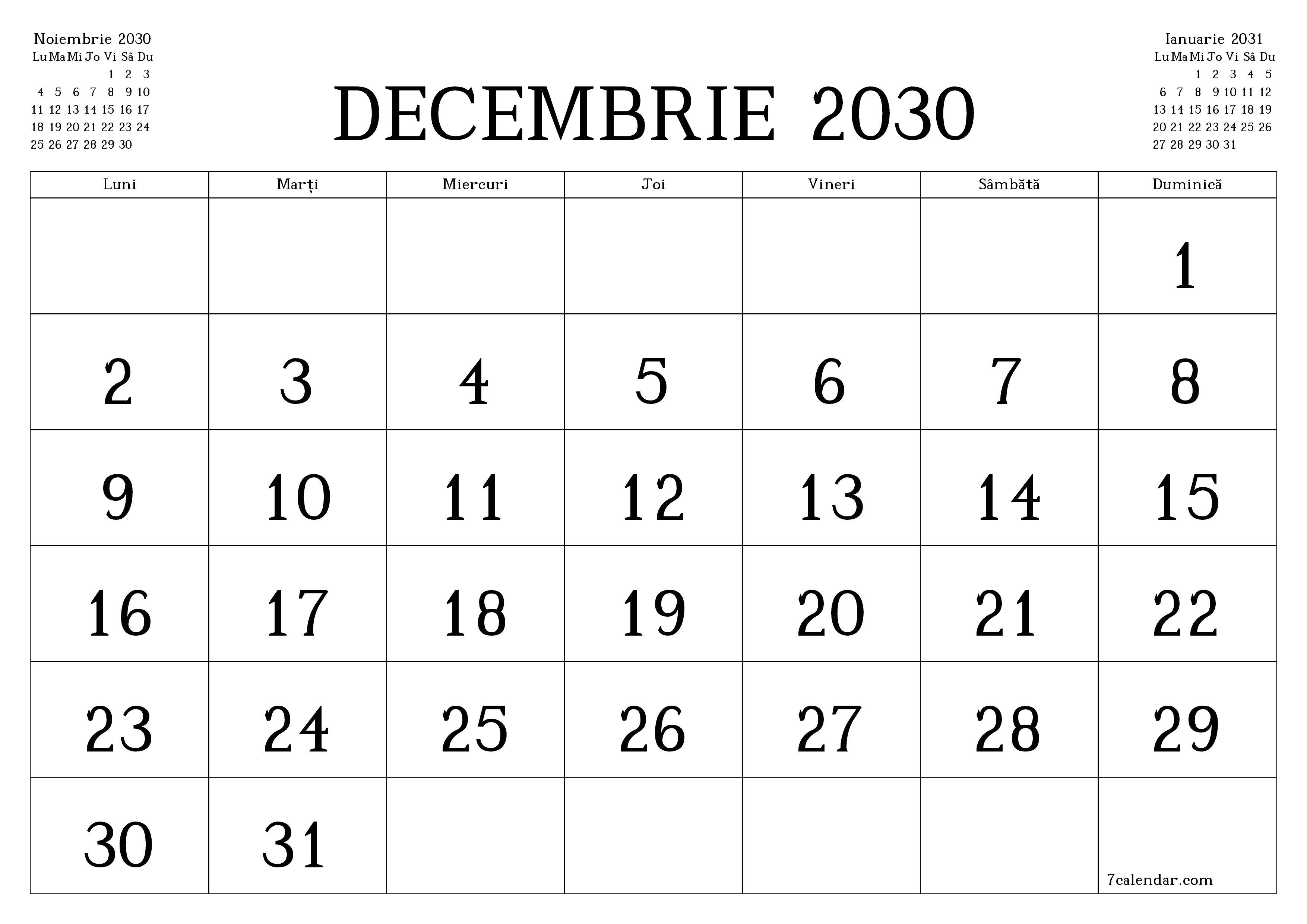 Planificator lunar gol pentru luna Decembrie 2030 cu note, salvați și tipăriți în PDF PNG Romanian