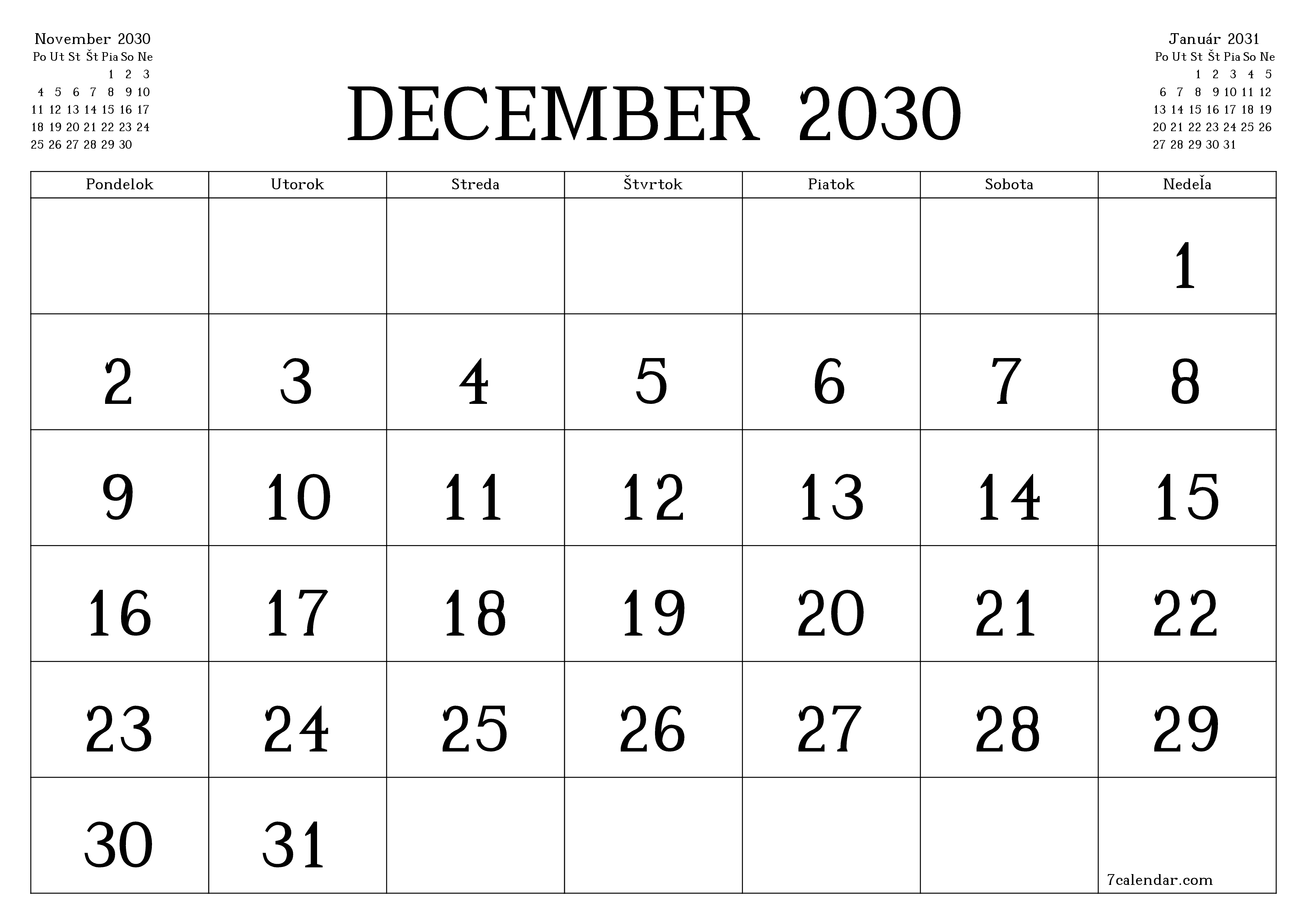 Prázdny mesačný plánovač na mesiac December 2030 s poznámkami, uloženie a tlač do PDF PNG Slovak