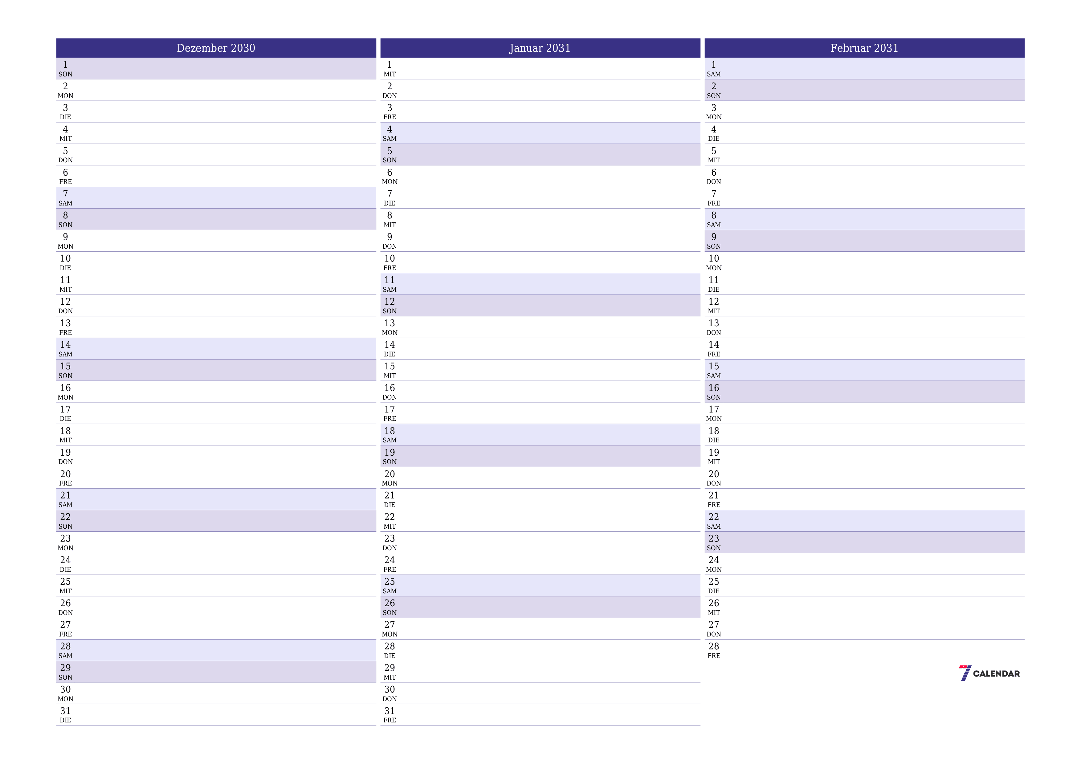 Monatsplaner für Monat Dezember 2030 mit Notizen leeren, speichern und als PDF PNG German - 7calendar.com drucken