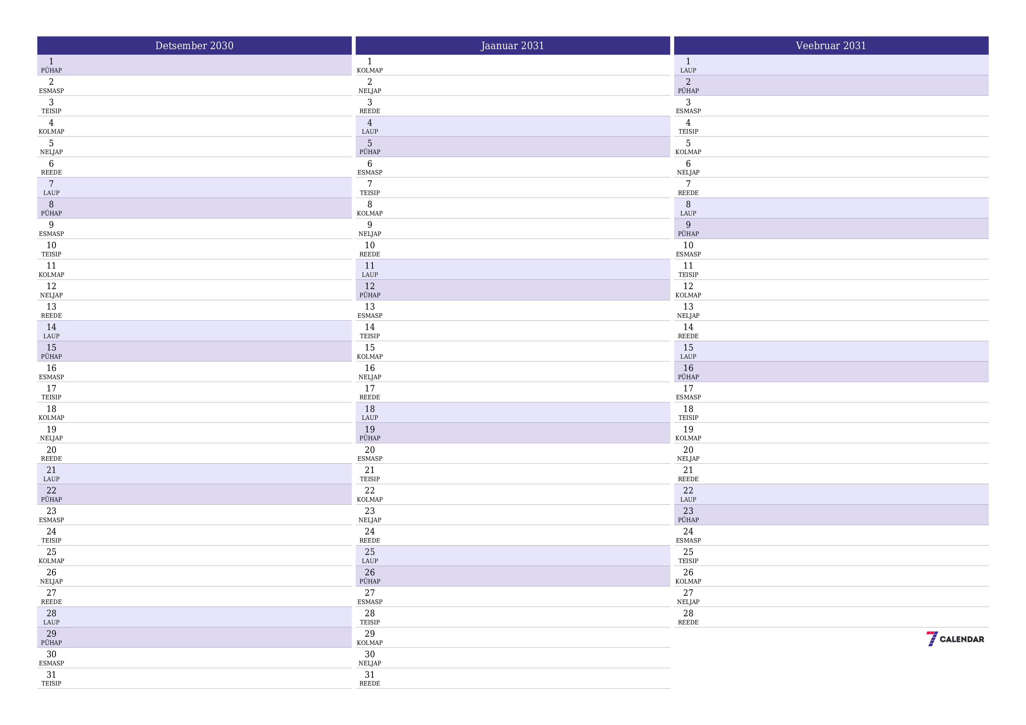 Tühjendage kuu Detsember 2030 kuuplaneerija märkmetega, salvestage ja printige PDF-i PNG Estonian