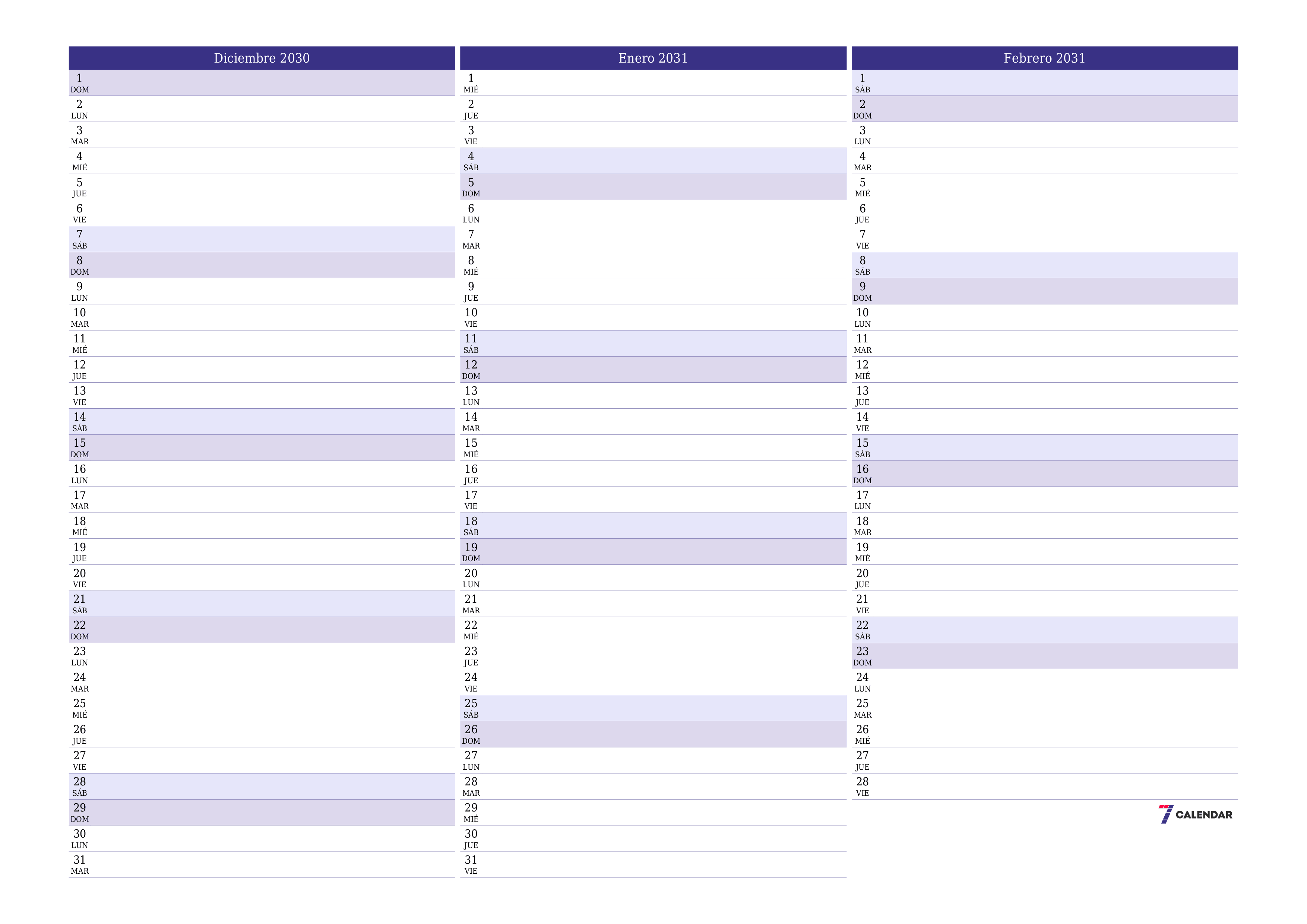 Planificador mensual vacío para el mes Diciembre 2030 con notas, guardar e imprimir en PDF PNG Spanish