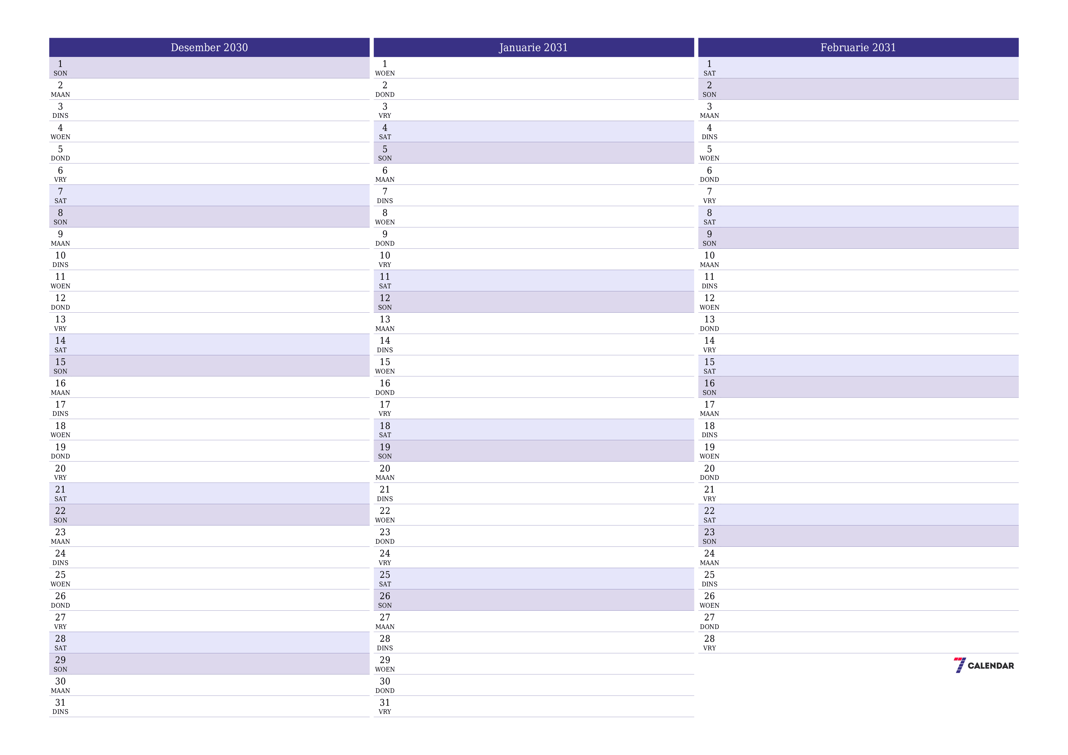 Leë maandelikse drukbare kalender en beplanner vir maand Desember 2030 met notas stoor en druk na PDF PNG Afrikaans