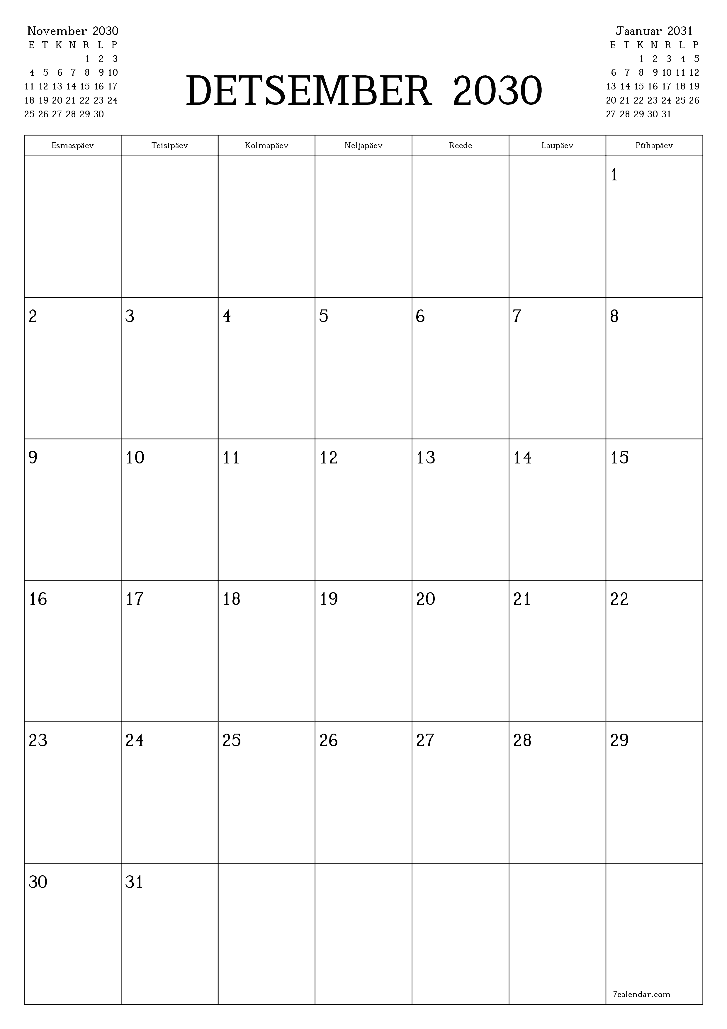 prinditav seina kalendri mall tasuta vertikaalne Igakuine planeerija kalender Detsember (Dets) 2030