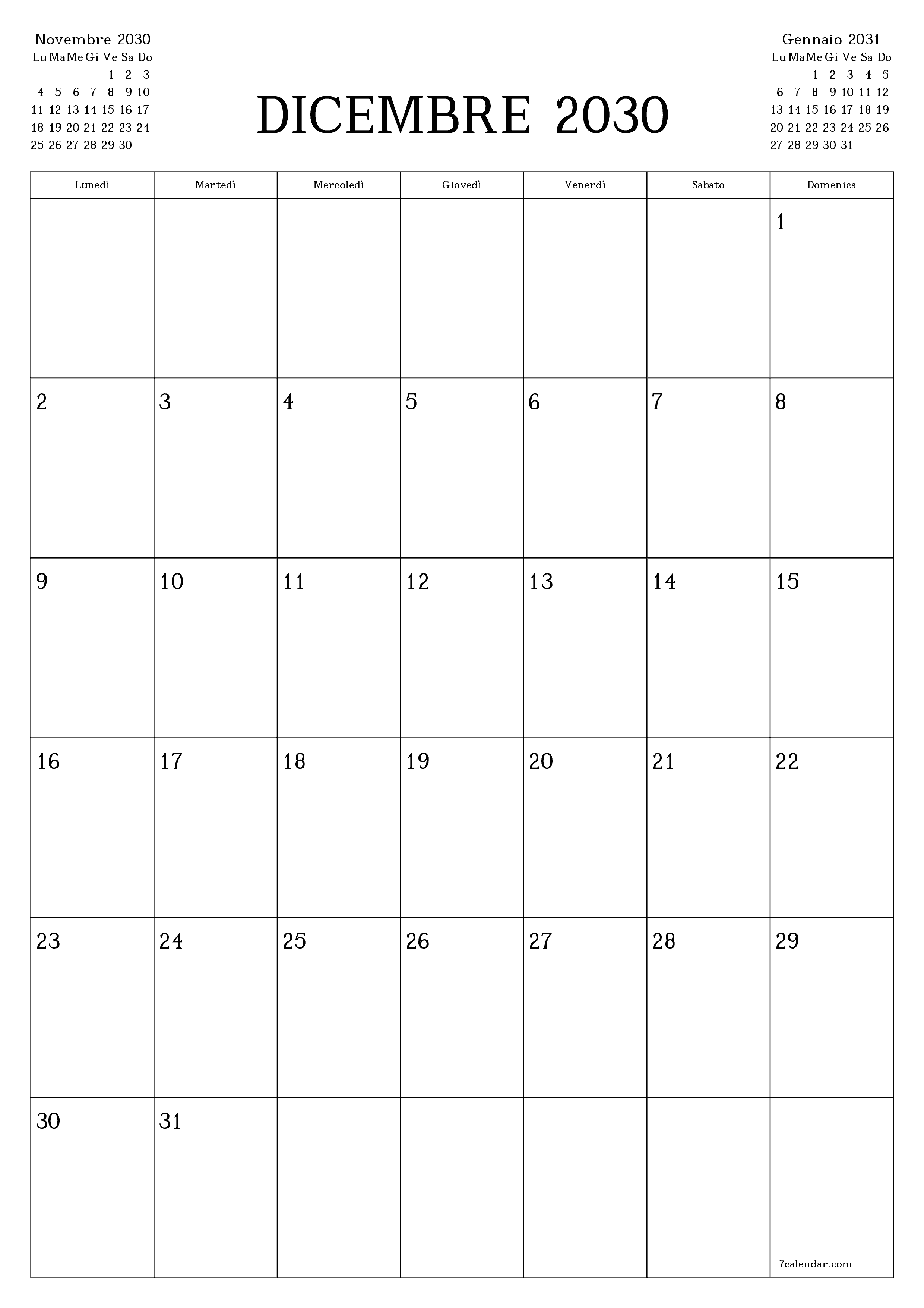  stampabile da parete modello di gratuitoverticale Mensile pianificatore calendario Dicembre (Dic) 2030