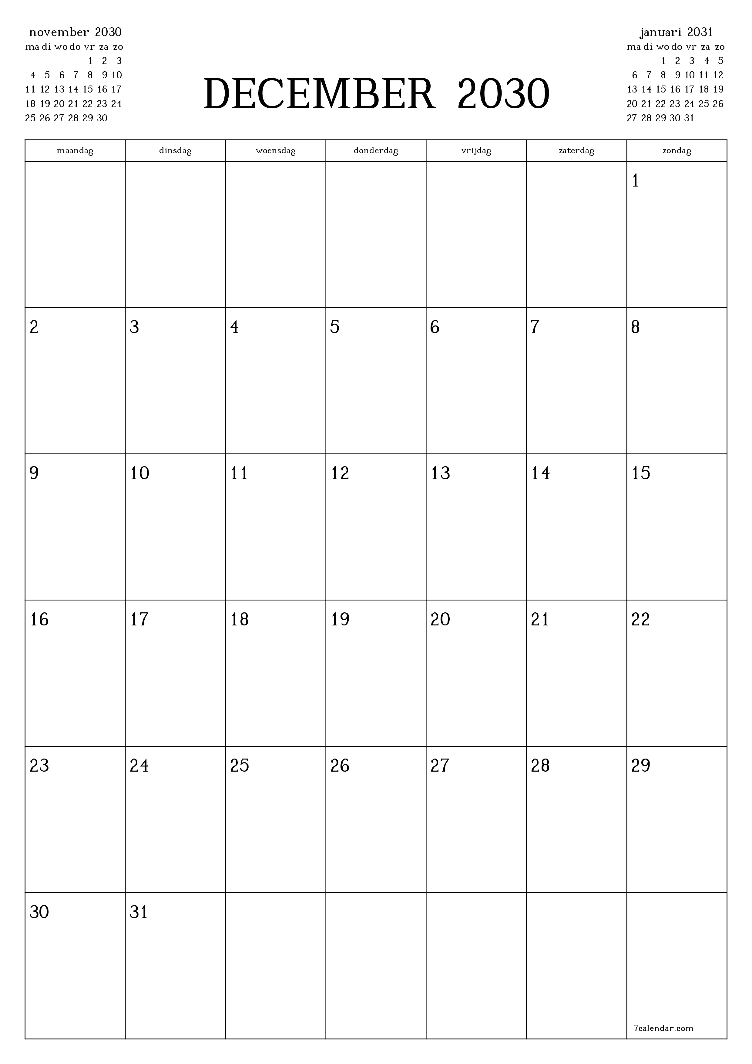 afdrukbare muur sjabloon gratis verticaal Maandelijks planner kalender december (dec) 2030