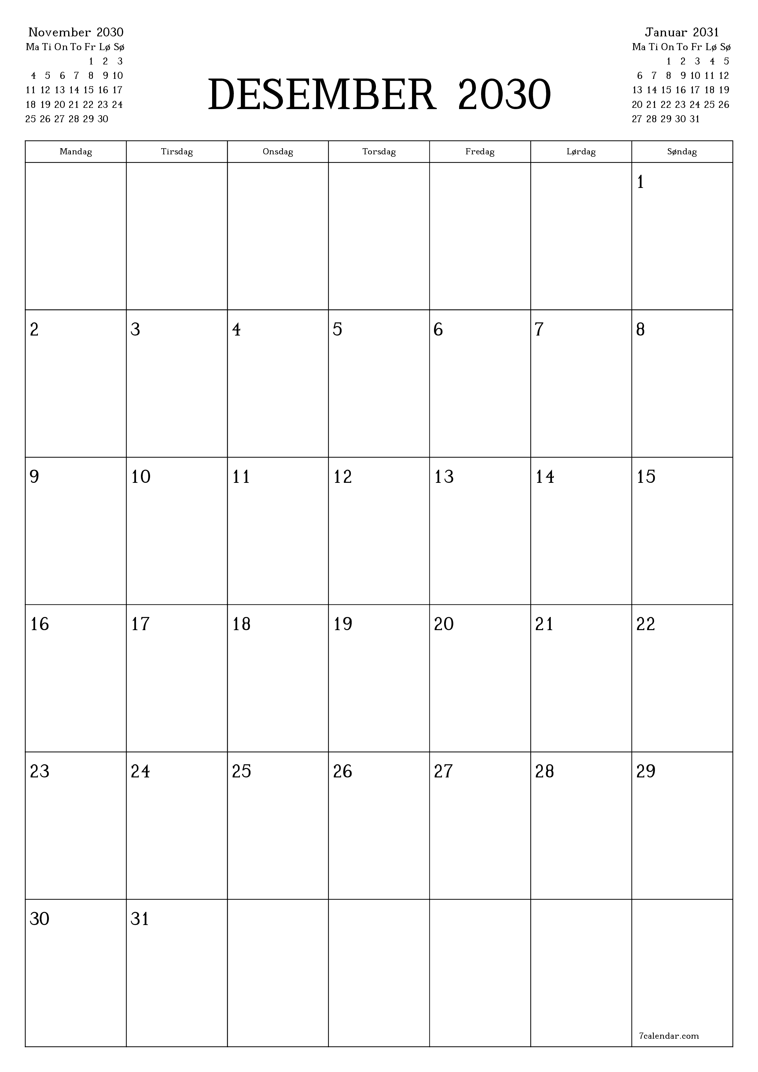 utskrivbar vegg mal gratis vertikal Månedlig planlegger kalender Desember (Des) 2030