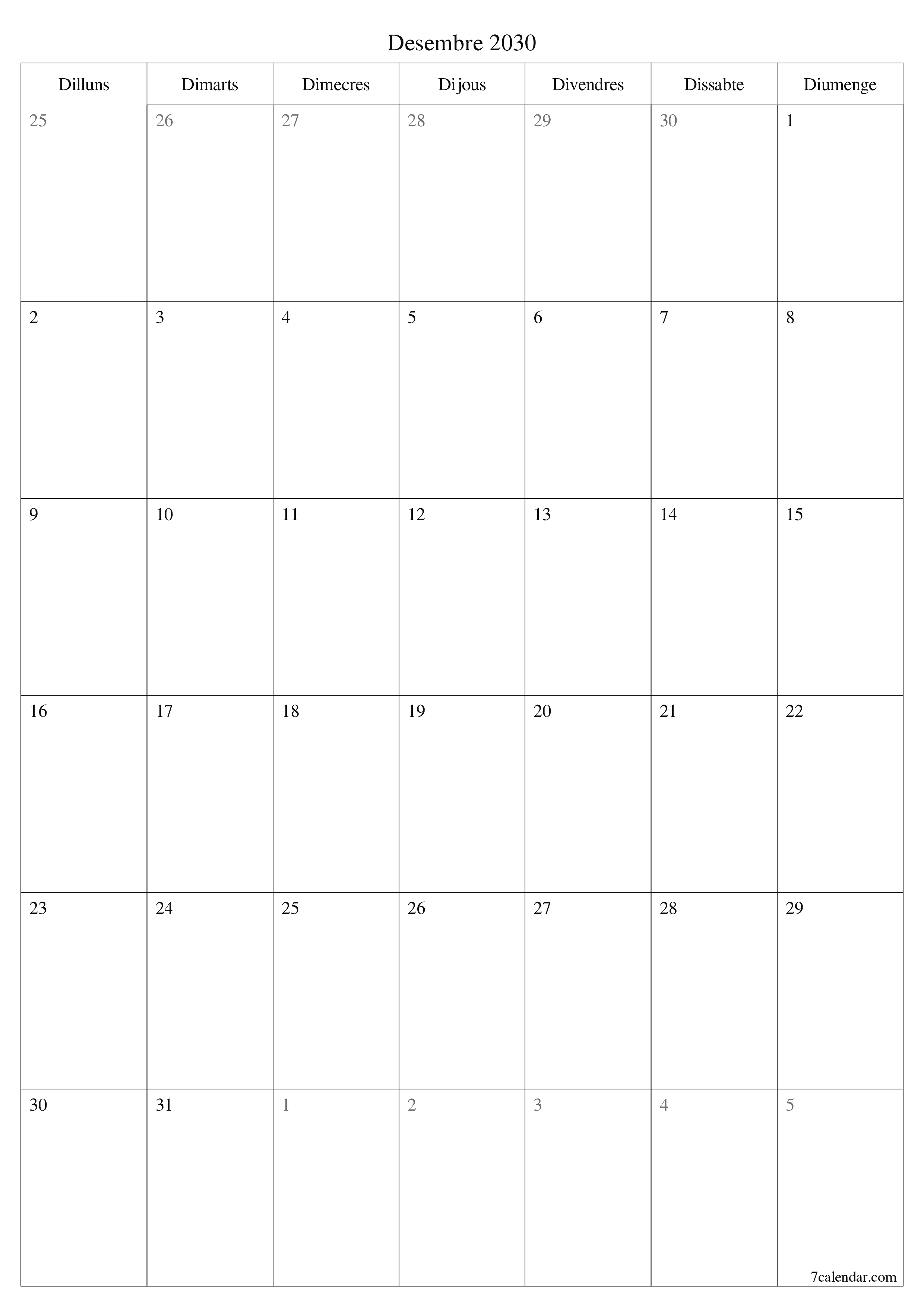  imprimible de paret plantilla de gratuïtvertical Mensual planificador calendari Desembre (Des) 2030