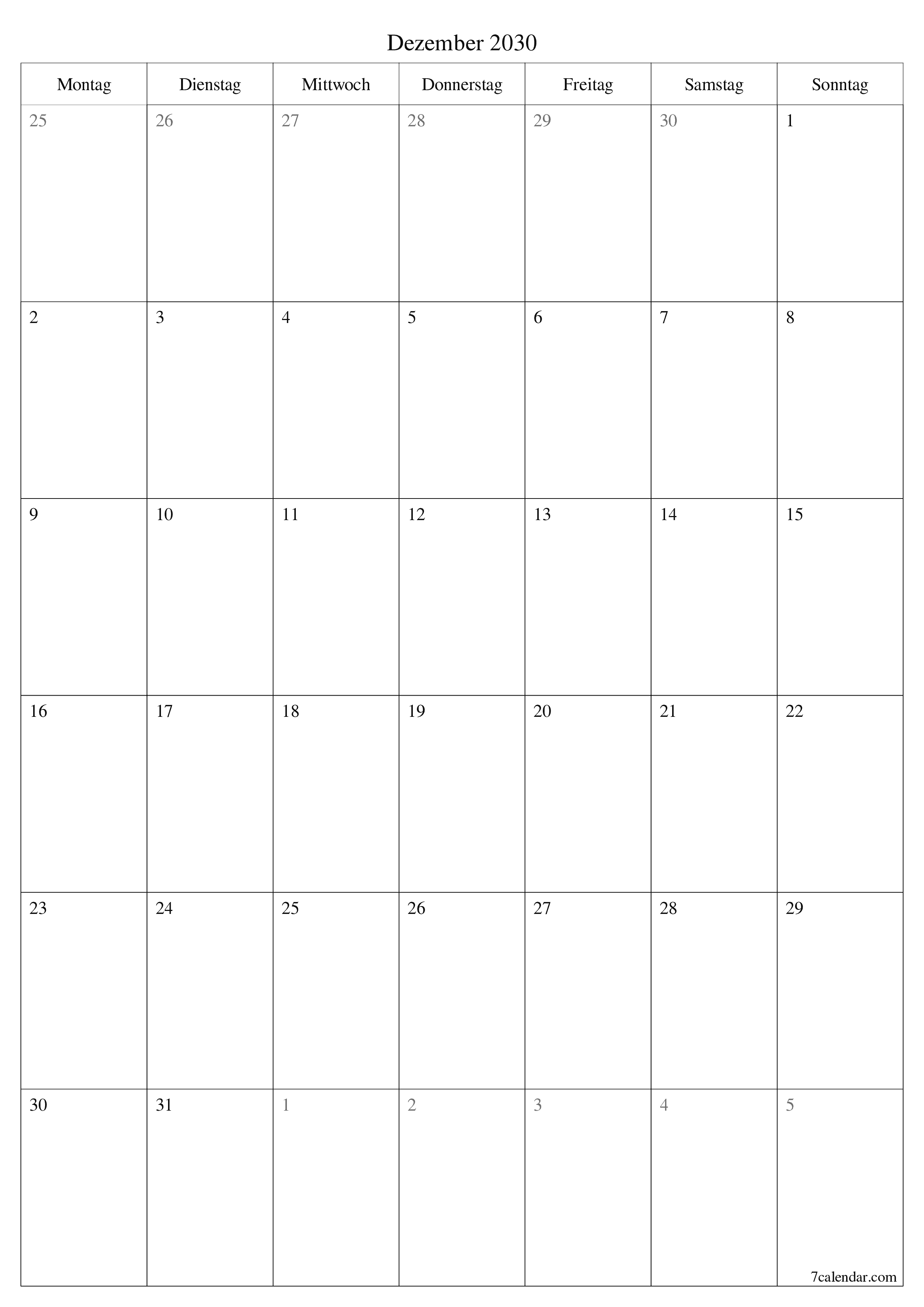  zum Ausdrucken Wandkalender vorlage kostenloser vertikal Monatlich Planer Kalender Dezember (Dez) 2030