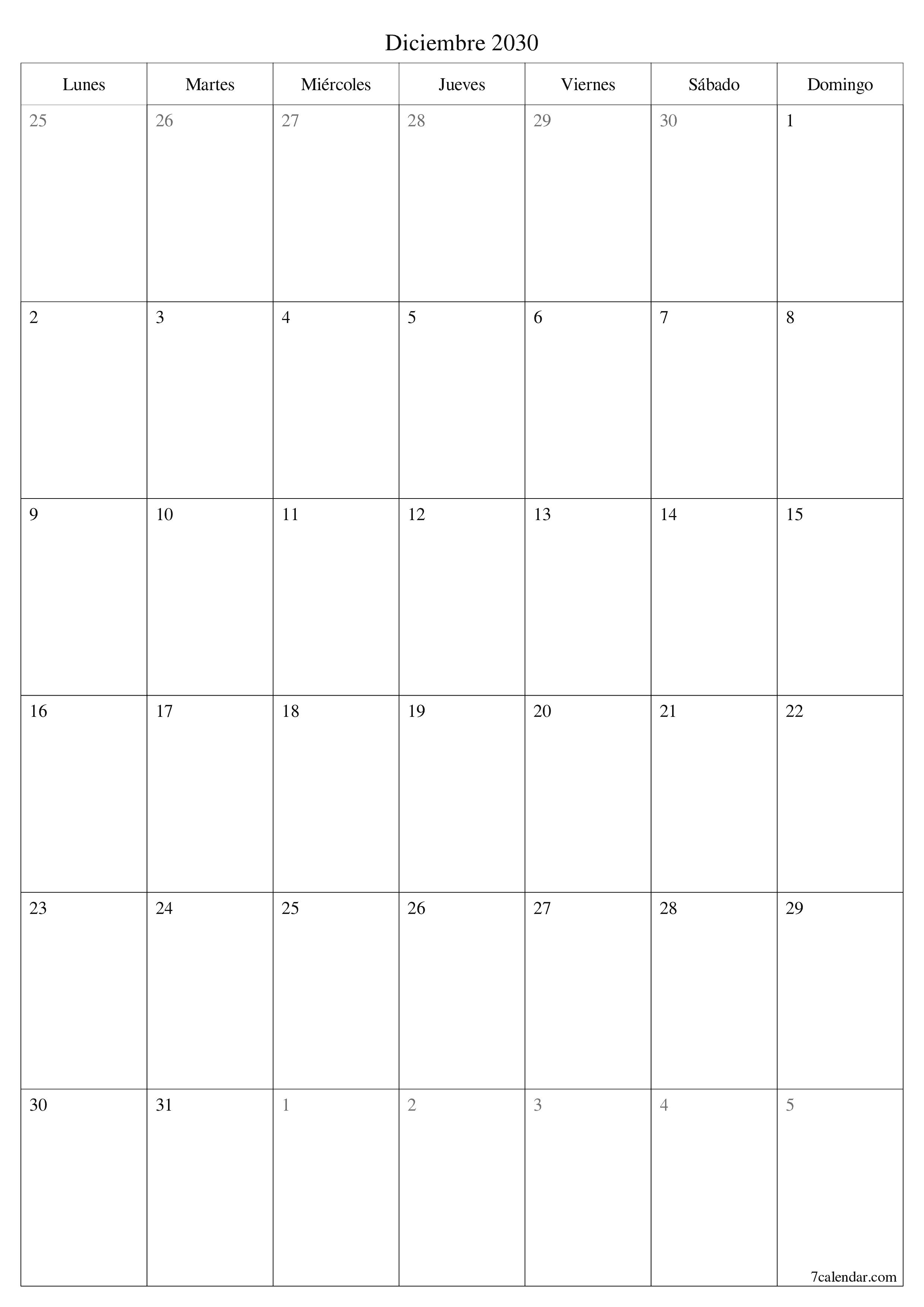  imprimible de pared plantilla de gratisvertical Mensual planificador calendario Diciembre (Dic) 2030