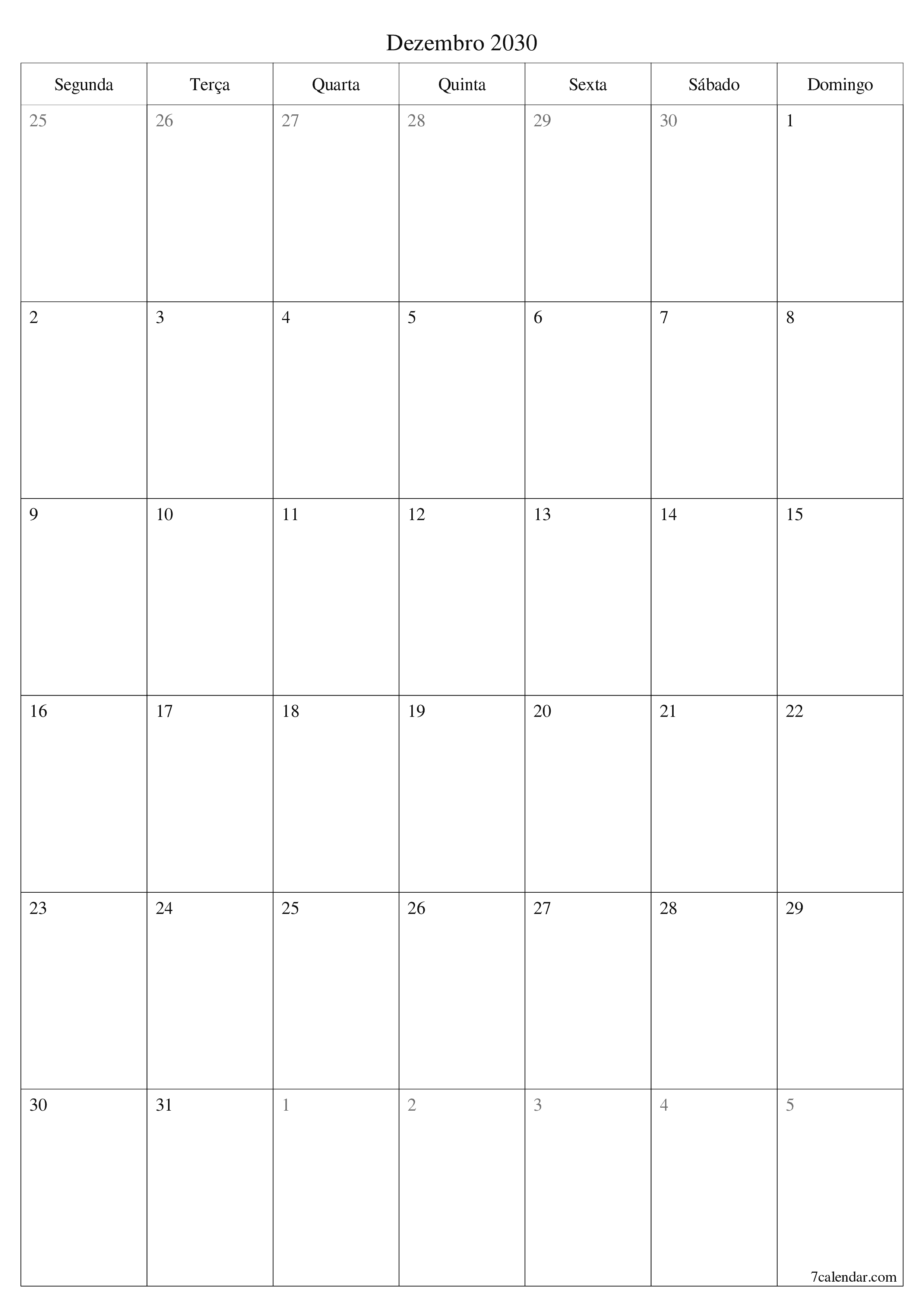  para impressão de parede modelo de grátisvertical Mensal planejador calendário Dezembro (Dez) 2030