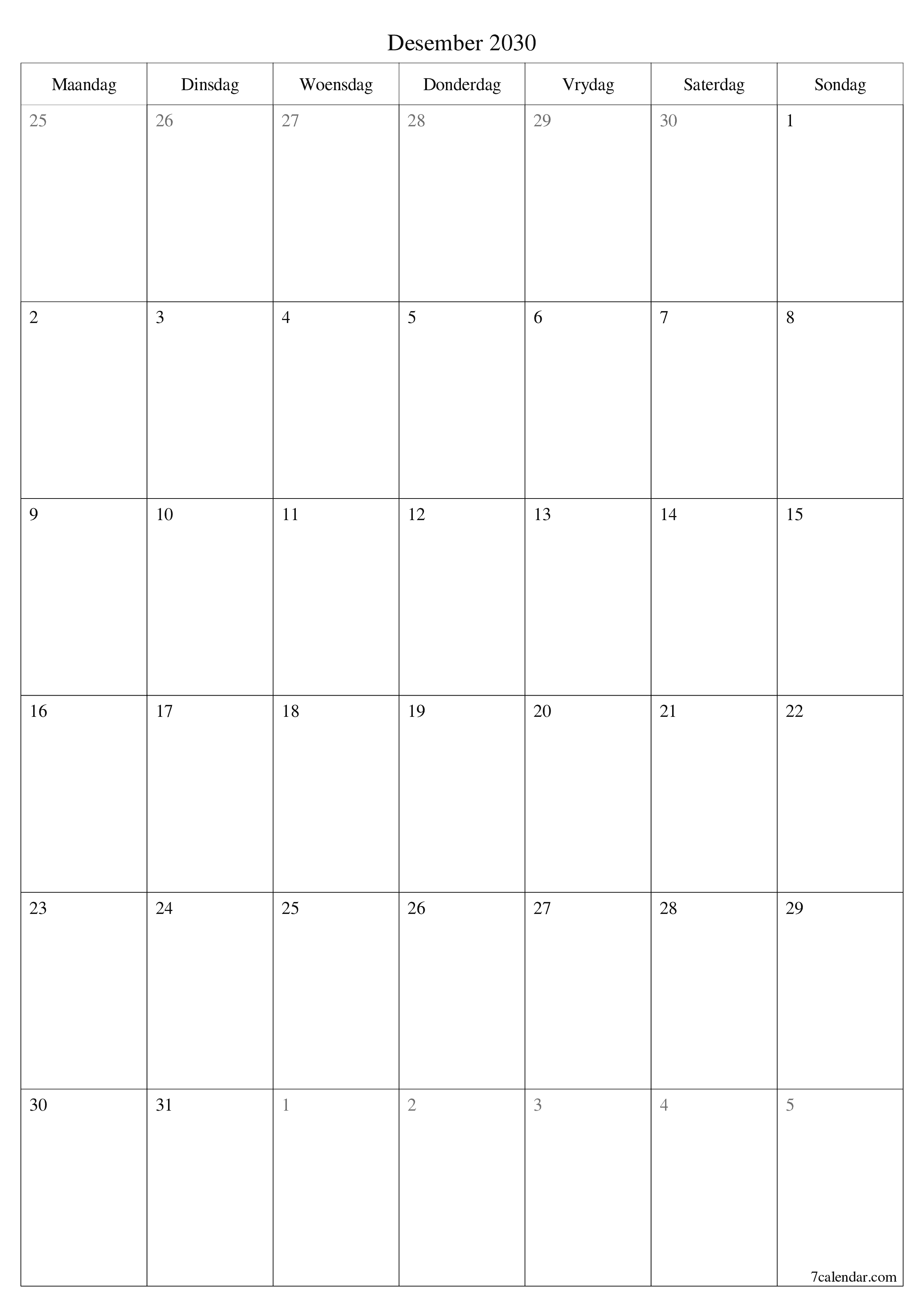 Leë maandelikse drukbare kalender en beplanner vir maand Desember 2030 met notas stoor en druk na PDF PNG Afrikaans