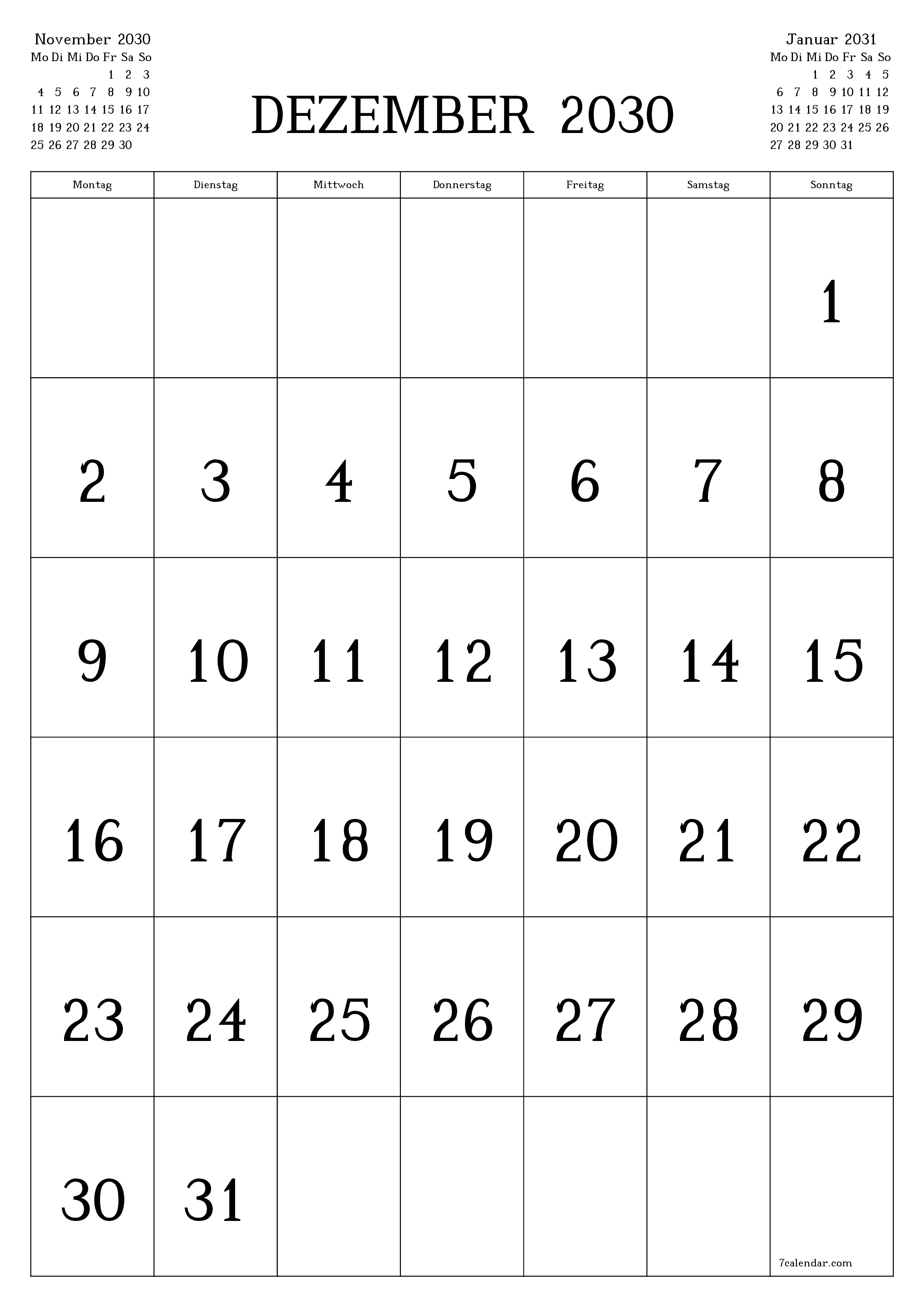  zum Ausdrucken Wandkalender vorlage kostenloser vertikal Monatlich Kalender Dezember (Dez) 2030
