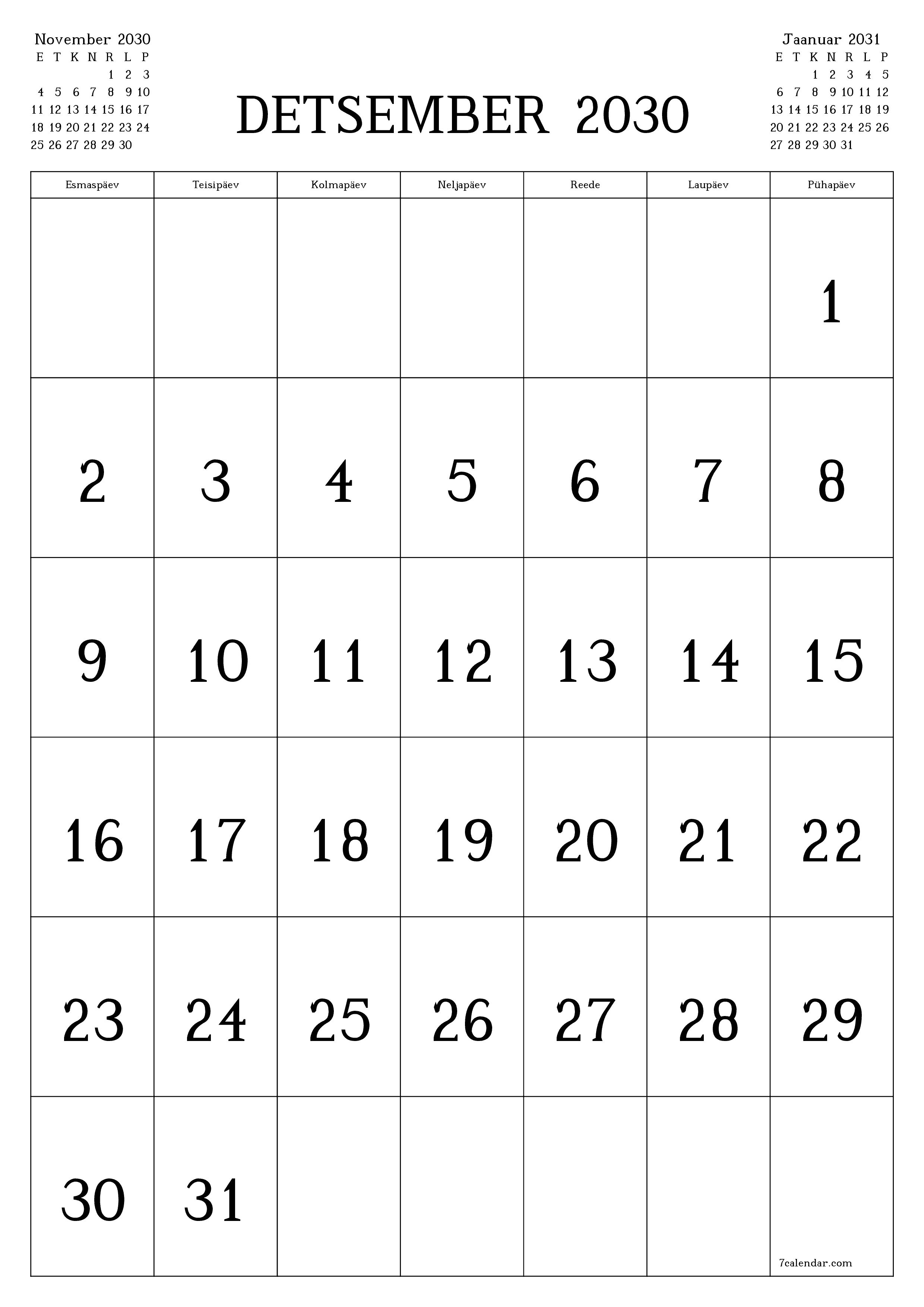 prinditav seina kalendri mall tasuta vertikaalne Igakuine kalender Detsember (Dets) 2030