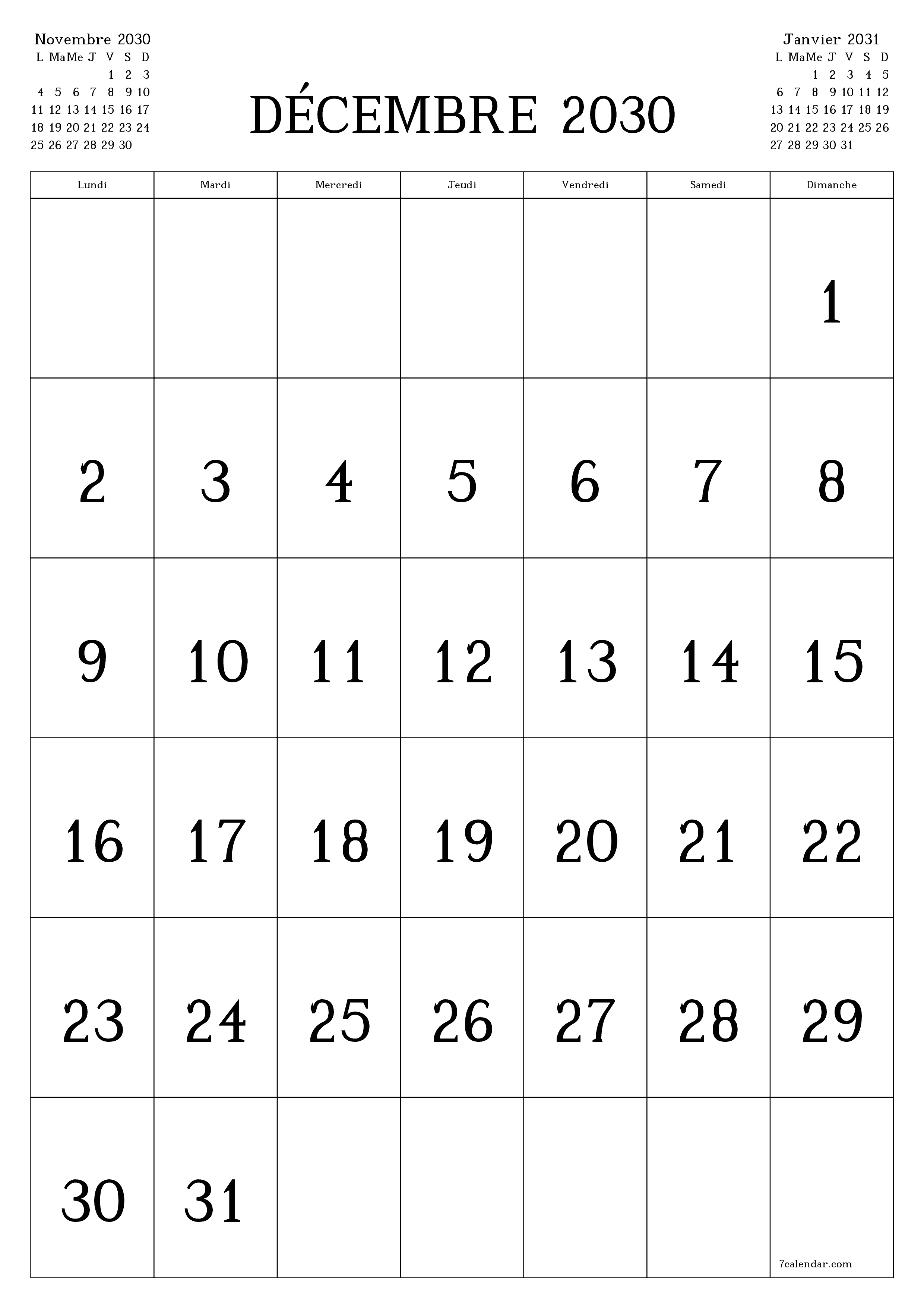  imprimable mural modèle de gratuitverticale Mensuel calendrier Décembre (Déc) 2030