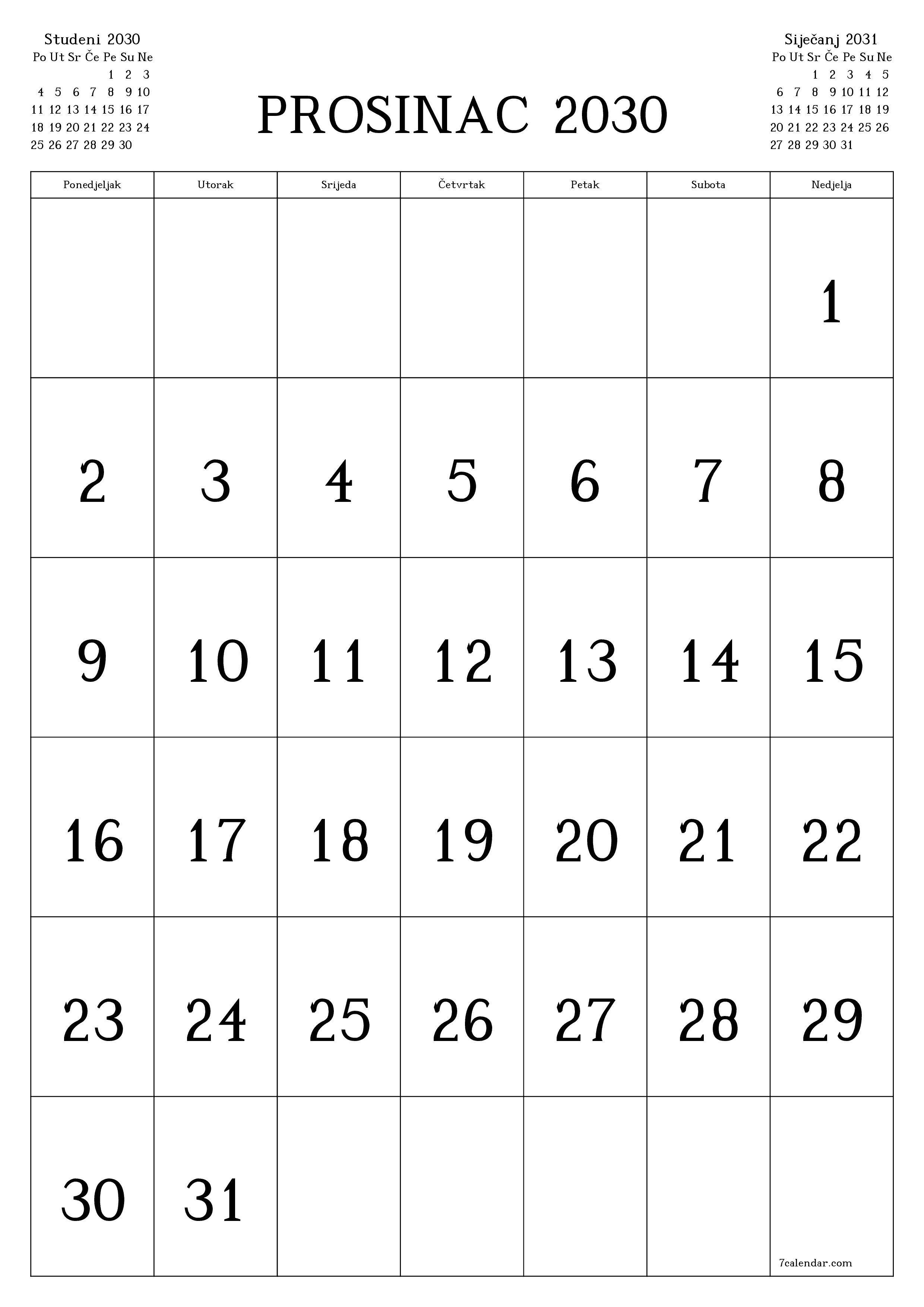  za ispis zidni predložak a besplatni okomito Mjesečni kalendar Prosinac (Pro) 2030