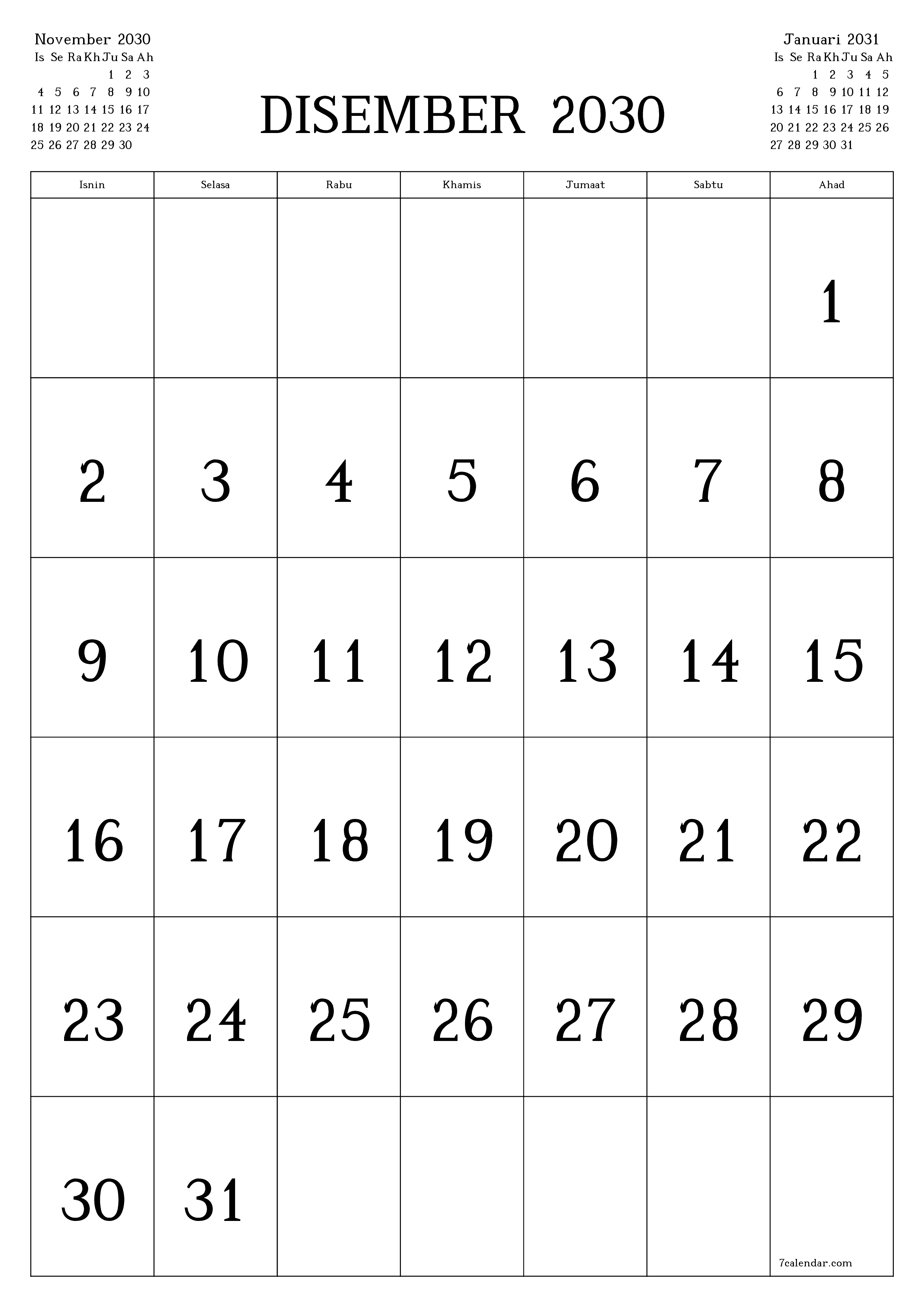  boleh cetak dinding templat percumamenegak Bulanan kalendar Disember (Dis) 2030