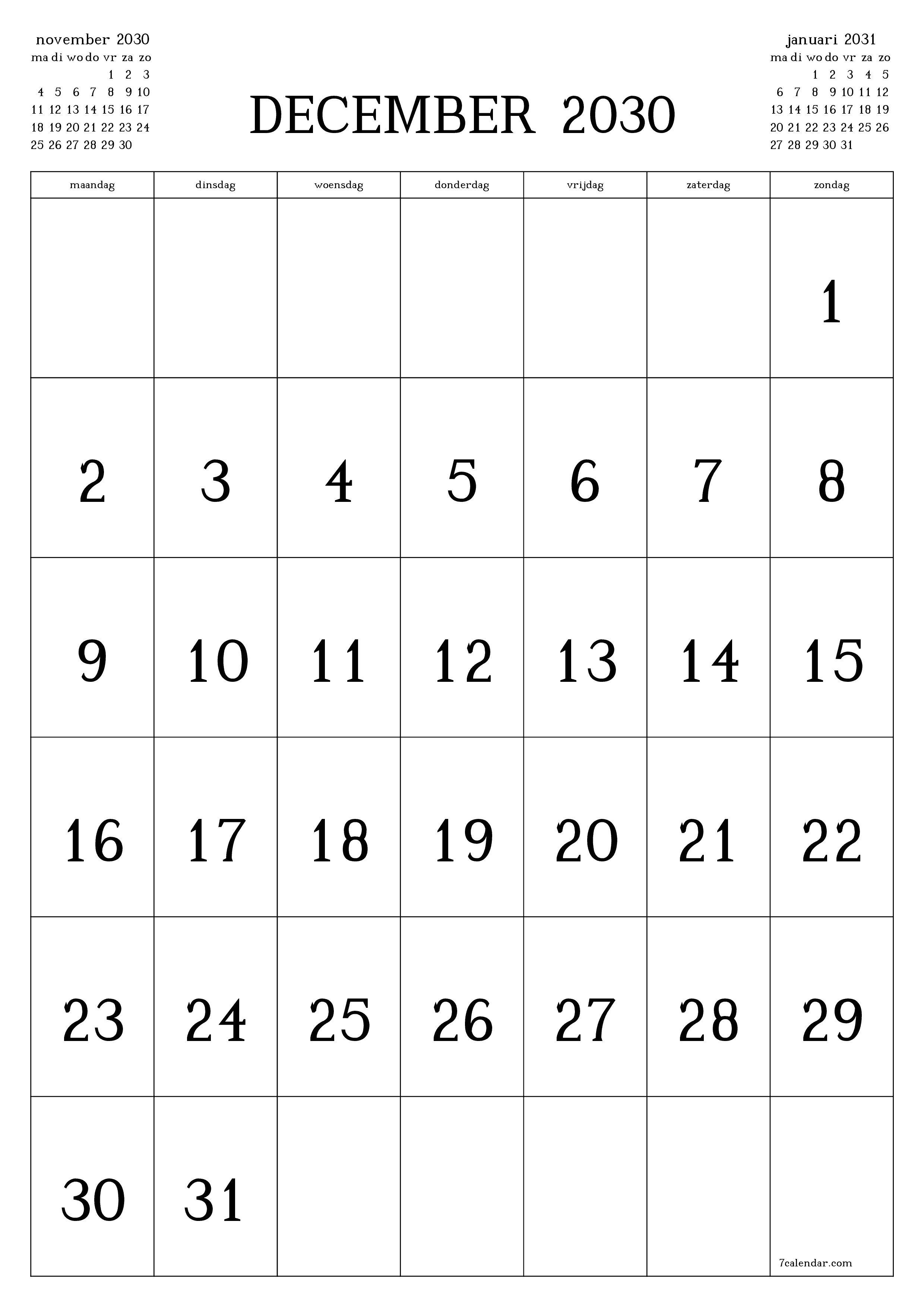 afdrukbare muur sjabloon gratis verticaal Maandelijks kalender december (dec) 2030