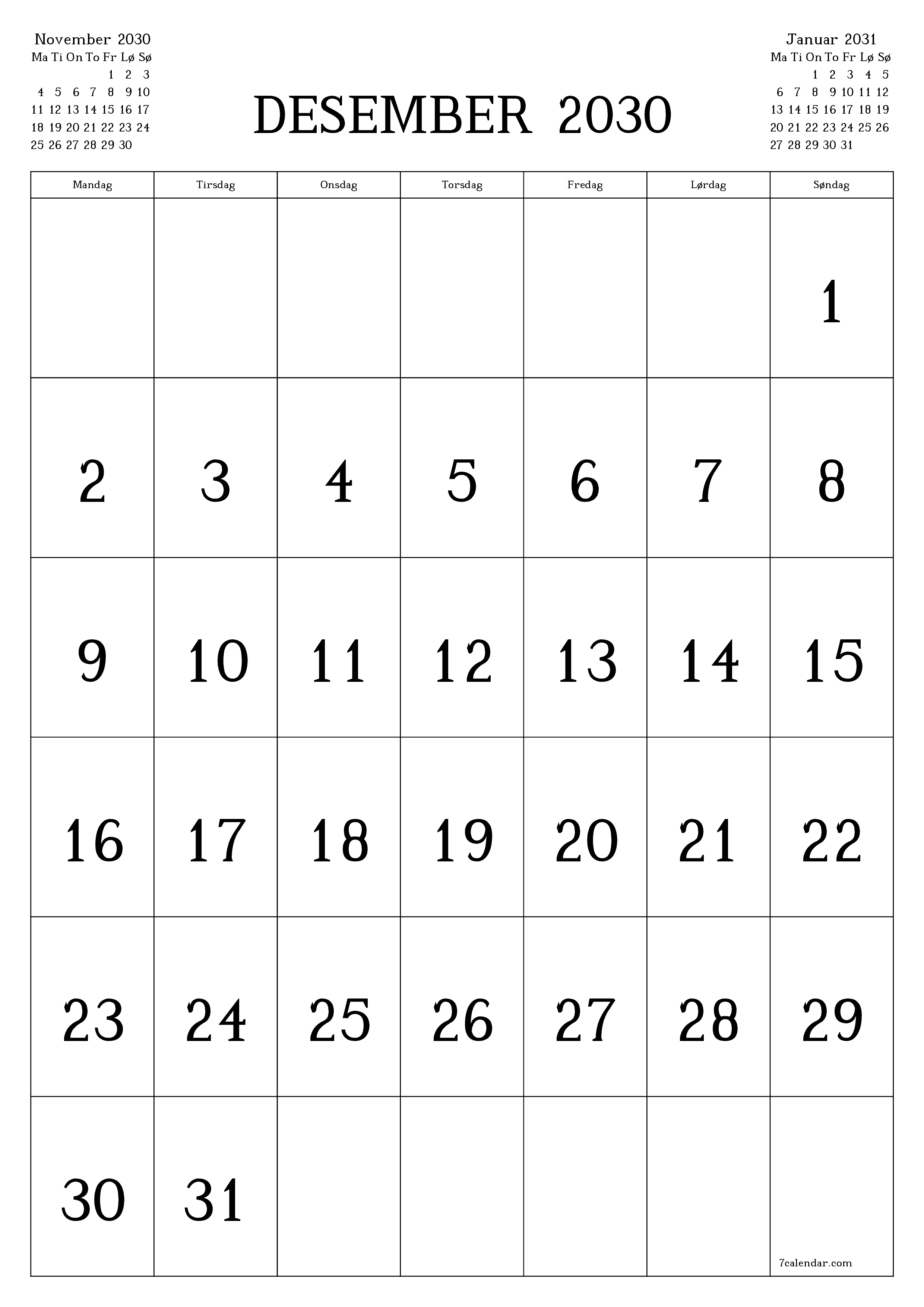 utskrivbar vegg mal gratis vertikal Månedlig kalender Desember (Des) 2030