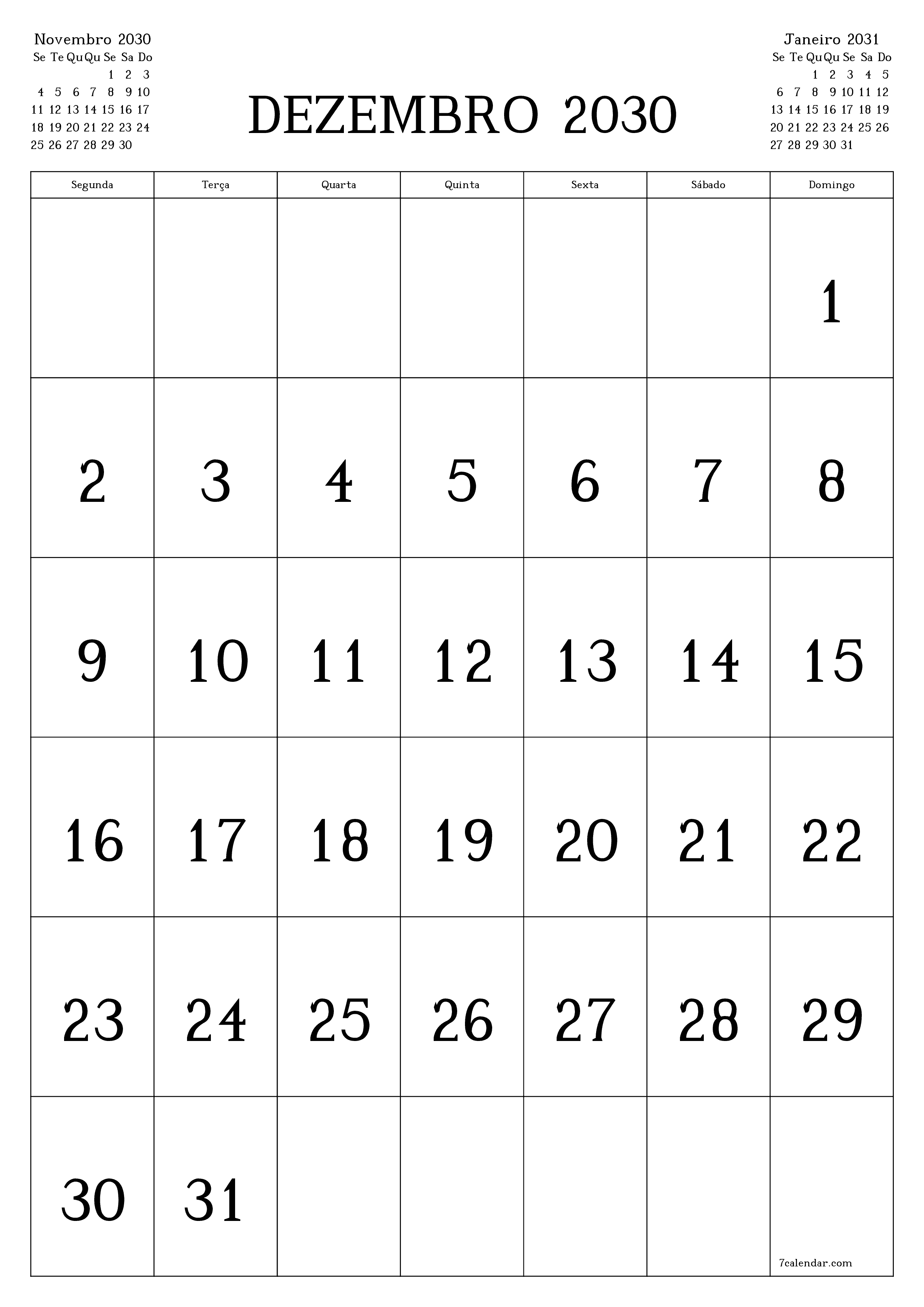  para impressão de parede modelo de grátisvertical Mensal calendário Dezembro (Dez) 2030