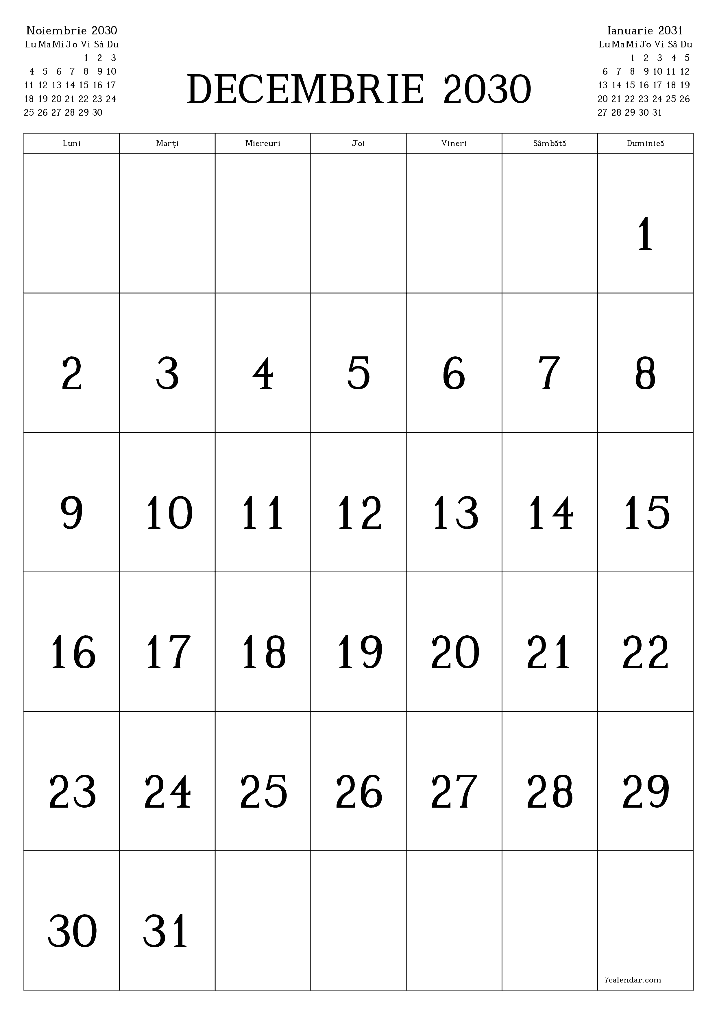  imprimabil de perete șablon de gratuitvertical Lunar calendar Decembrie (Dec) 2030