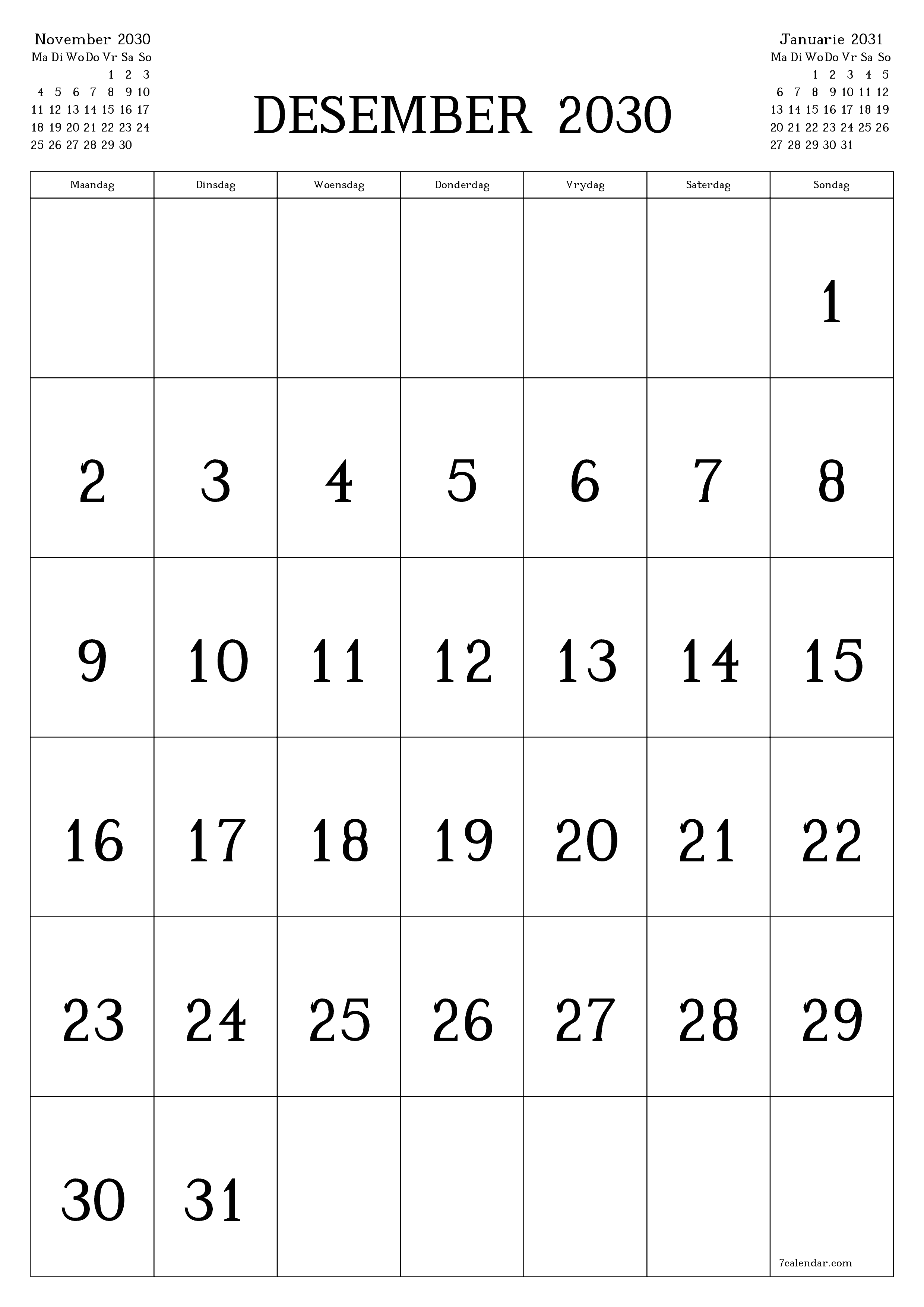 Leë maandelikse drukbare kalender en beplanner vir maand Desember 2030 met notas stoor en druk na PDF PNG Afrikaans