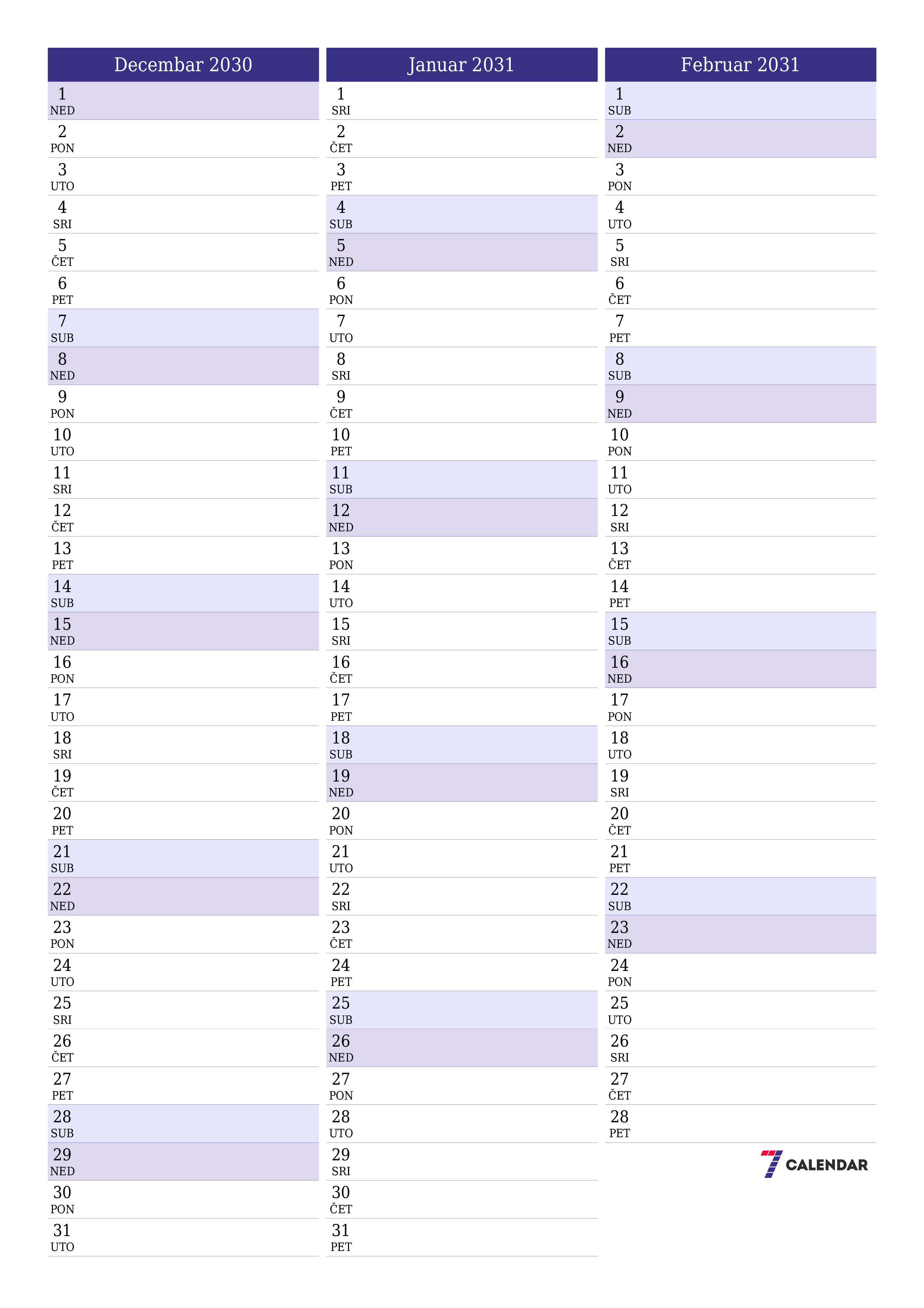  za štampanje zidni šablon a besplatni vertikalno Mjesečno planer kalendar Decembar (Dec) 2030