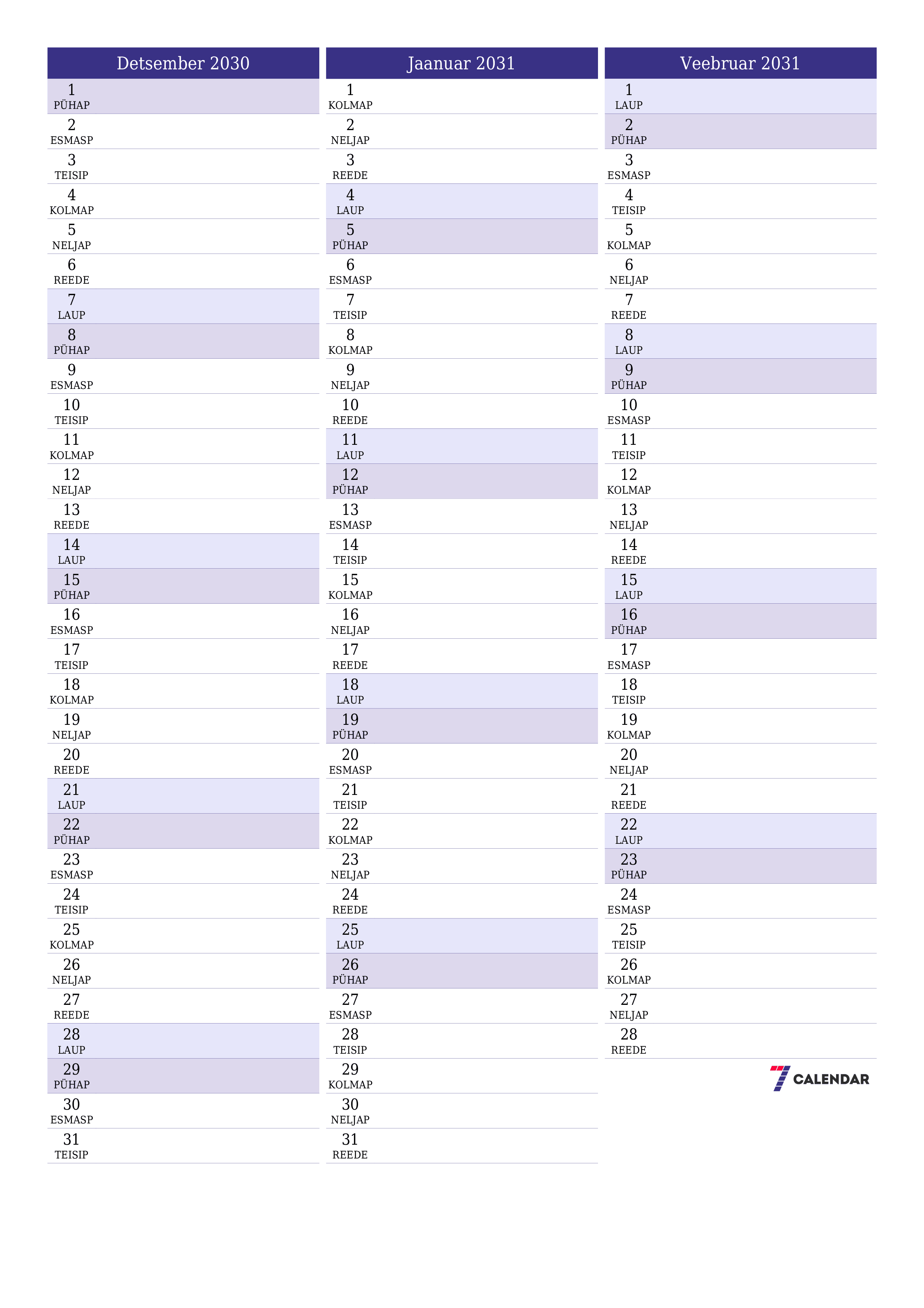 prinditav seina kalendri mall tasuta vertikaalne Igakuine planeerija kalender Detsember (Dets) 2030