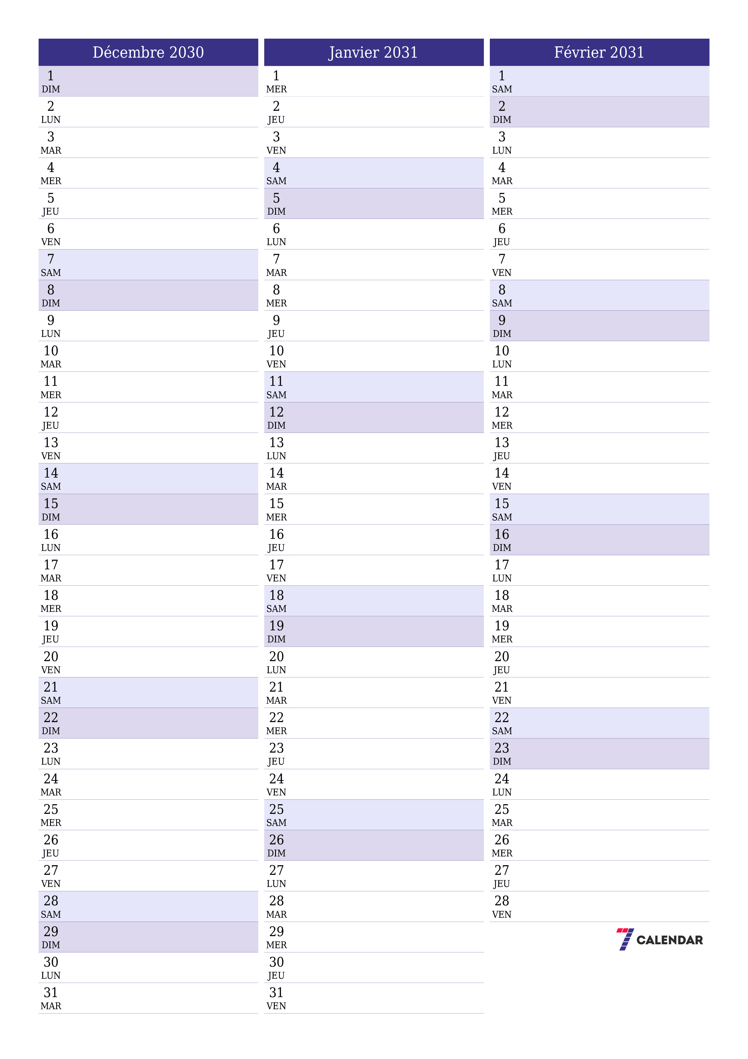  imprimable mural modèle de gratuitverticale Mensuel planificateur calendrier Décembre (Déc) 2030