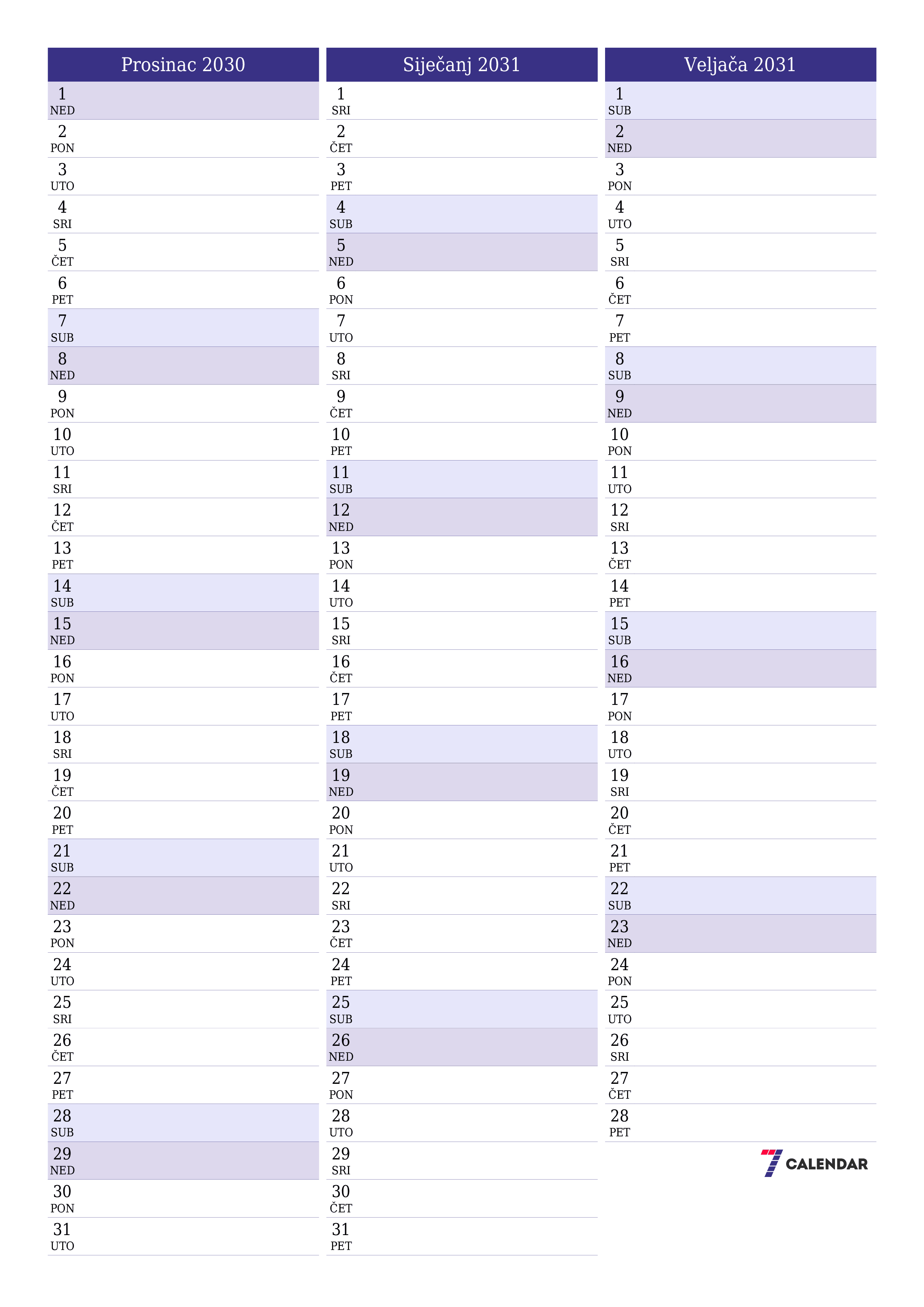  za ispis zidni predložak a besplatni okomito Mjesečni planer kalendar Prosinac (Pro) 2030